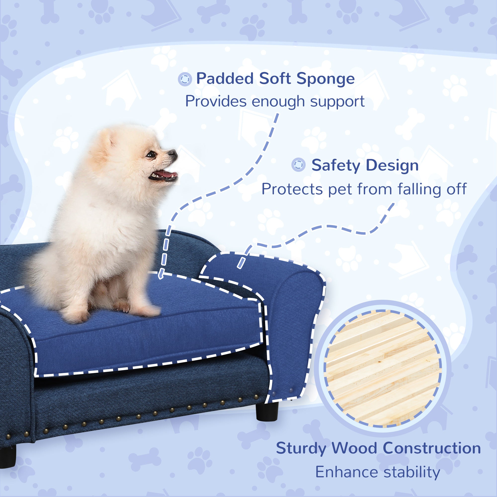 PawHut Dog Sofa for Small Dogs, Pet Chair Couch w/ Padded Cushion, Washable Cover, Wooden Frame - Blue