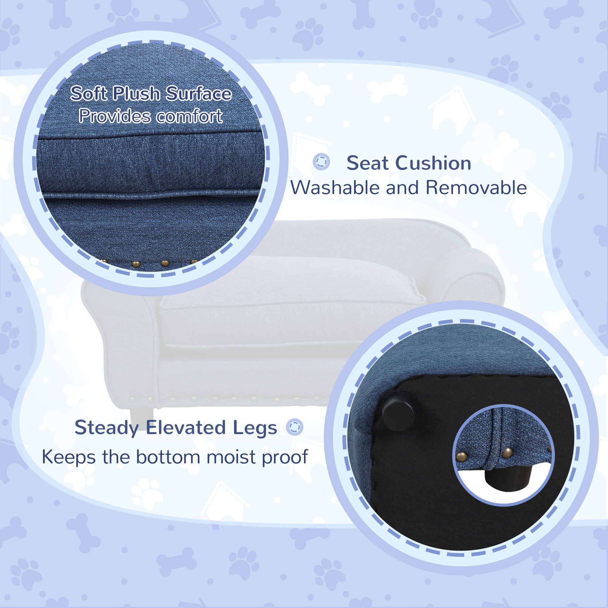PawHut Dog Sofa for Small Dogs, Pet Chair Couch w/ Padded Cushion, Washable Cover, Wooden Frame - Blue