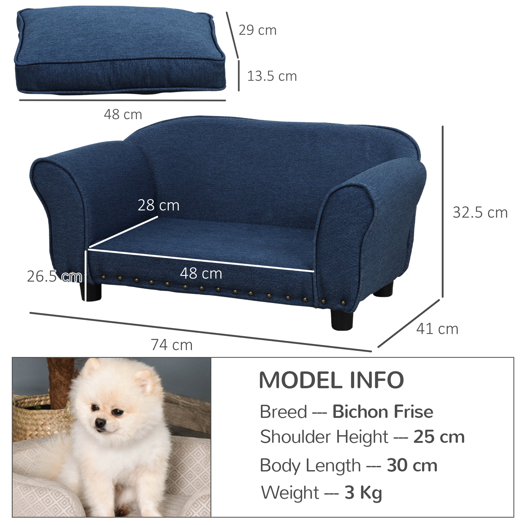 PawHut Dog Sofa for Small Dogs, Pet Chair Couch w/ Padded Cushion, Washable Cover, Wooden Frame - Blue