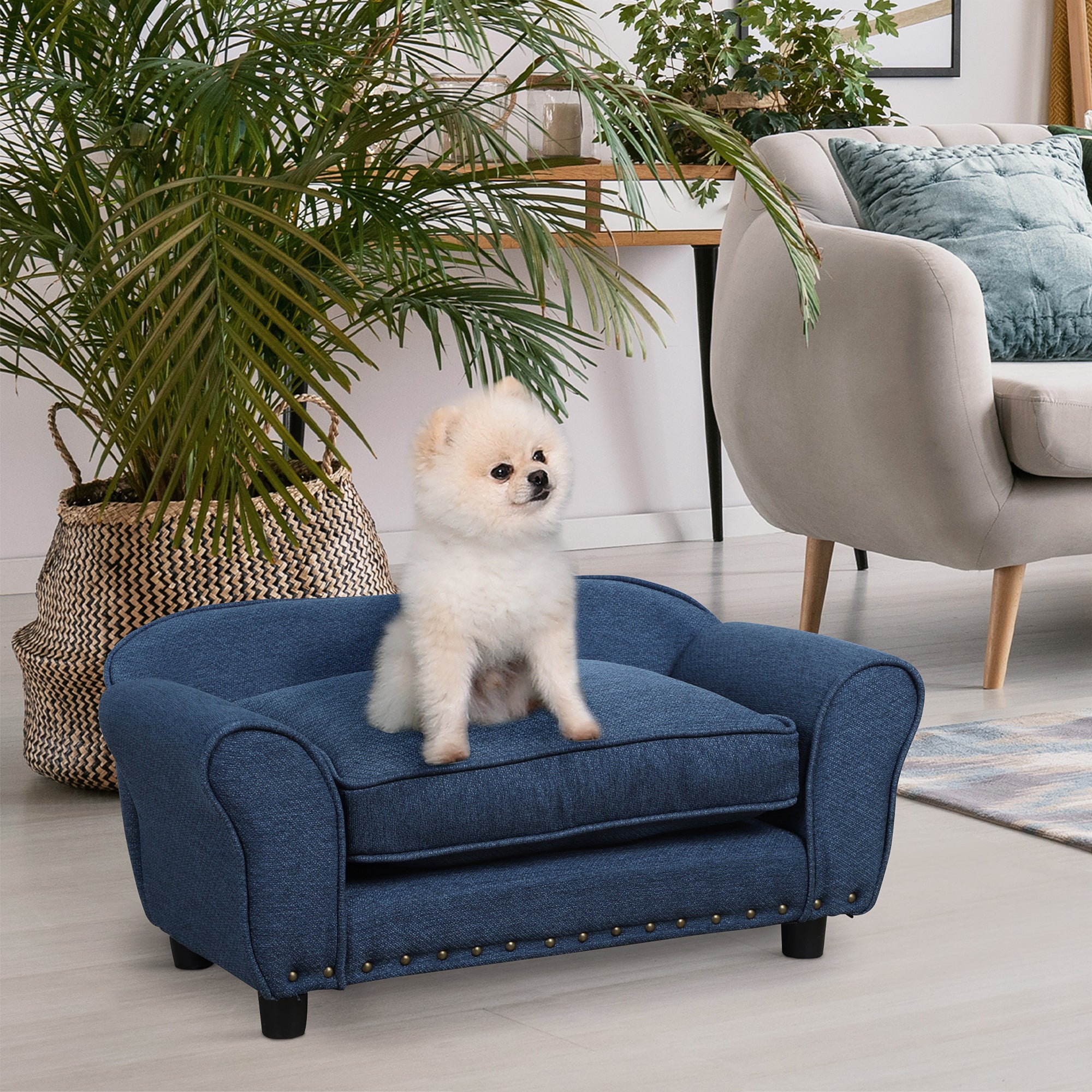 PawHut Dog Sofa for Small Dogs, Pet Chair Couch w/ Padded Cushion, Washable Cover, Wooden Frame - Blue
