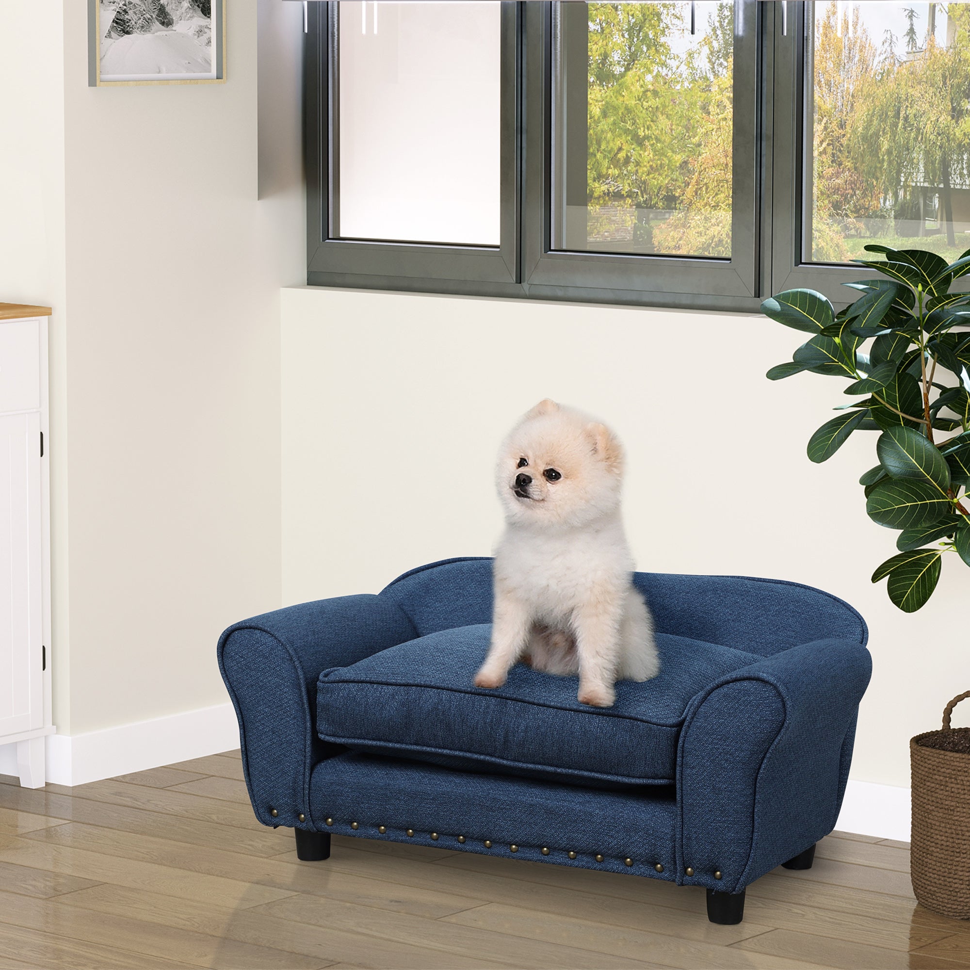 PawHut Dog Sofa for Small Dogs, Pet Chair Couch w/ Padded Cushion, Washable Cover, Wooden Frame - Blue