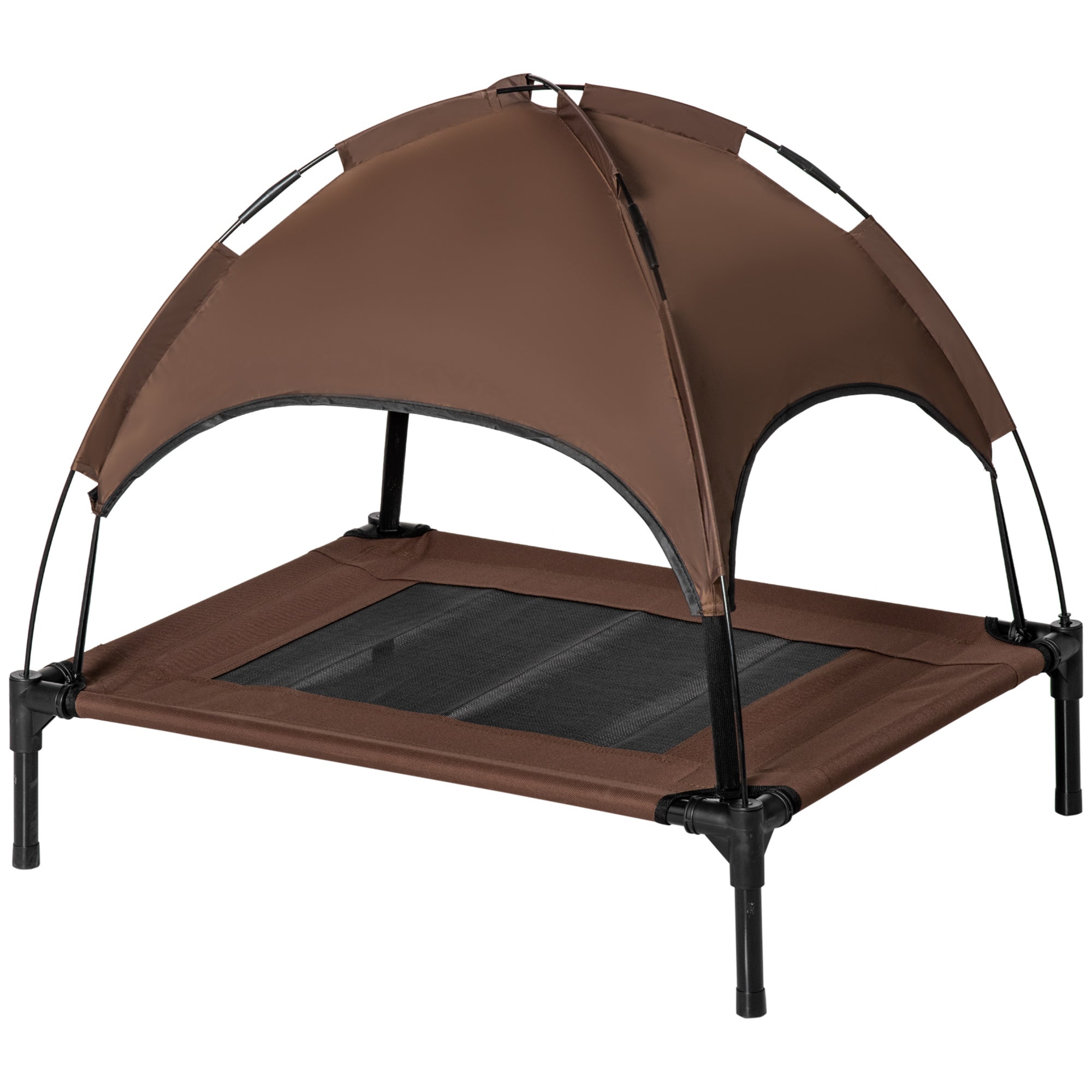 PawHut Raised Dog Bed Waterproof Elevated Pet Cot with Breathable Mesh UV Protection Canopy Coffee, for Medium Dogs, 76 x 61 x 73cm