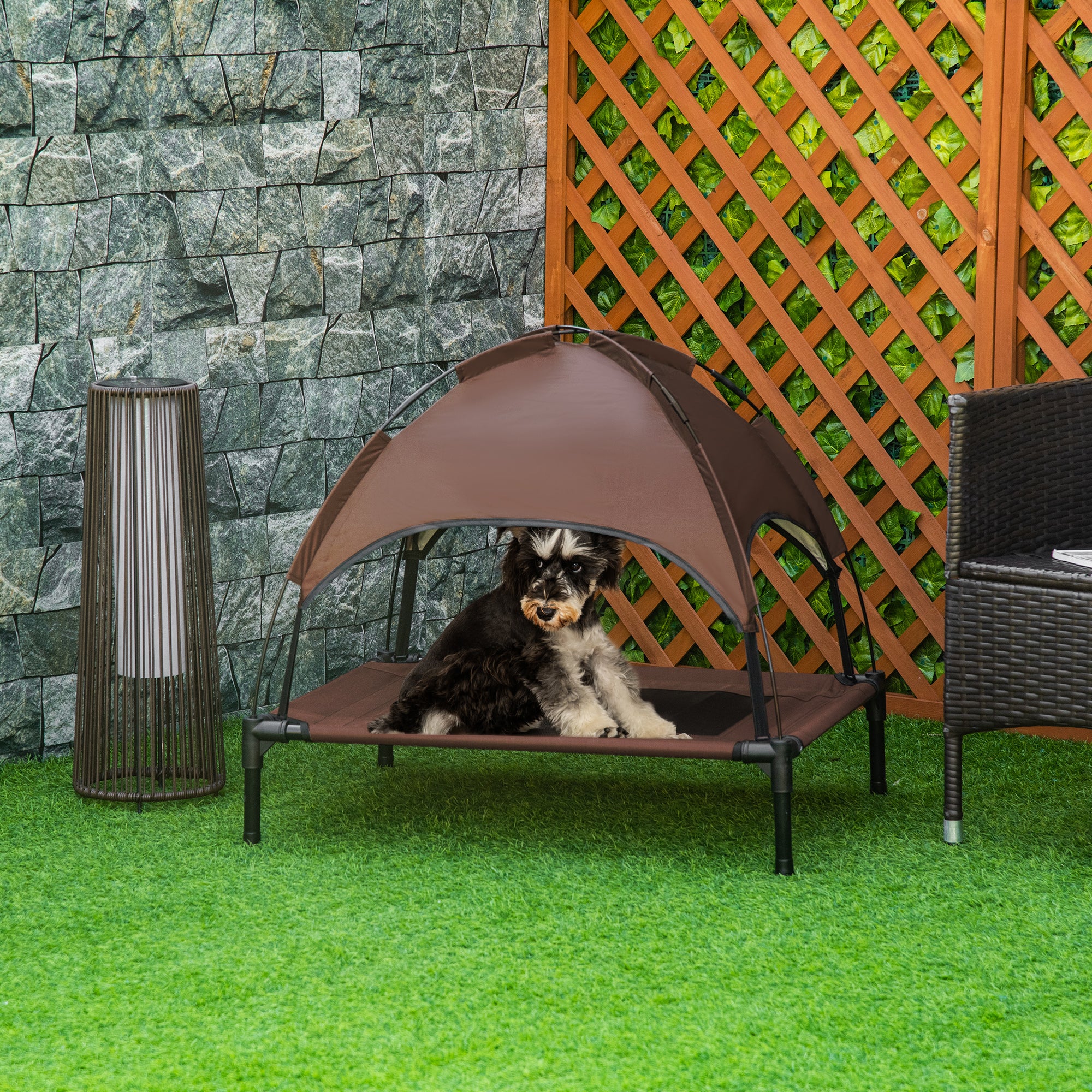 PawHut Raised Dog Bed Waterproof Elevated Pet Cot with Breathable Mesh UV Protection Canopy Coffee, for Medium Dogs, 76 x 61 x 73cm