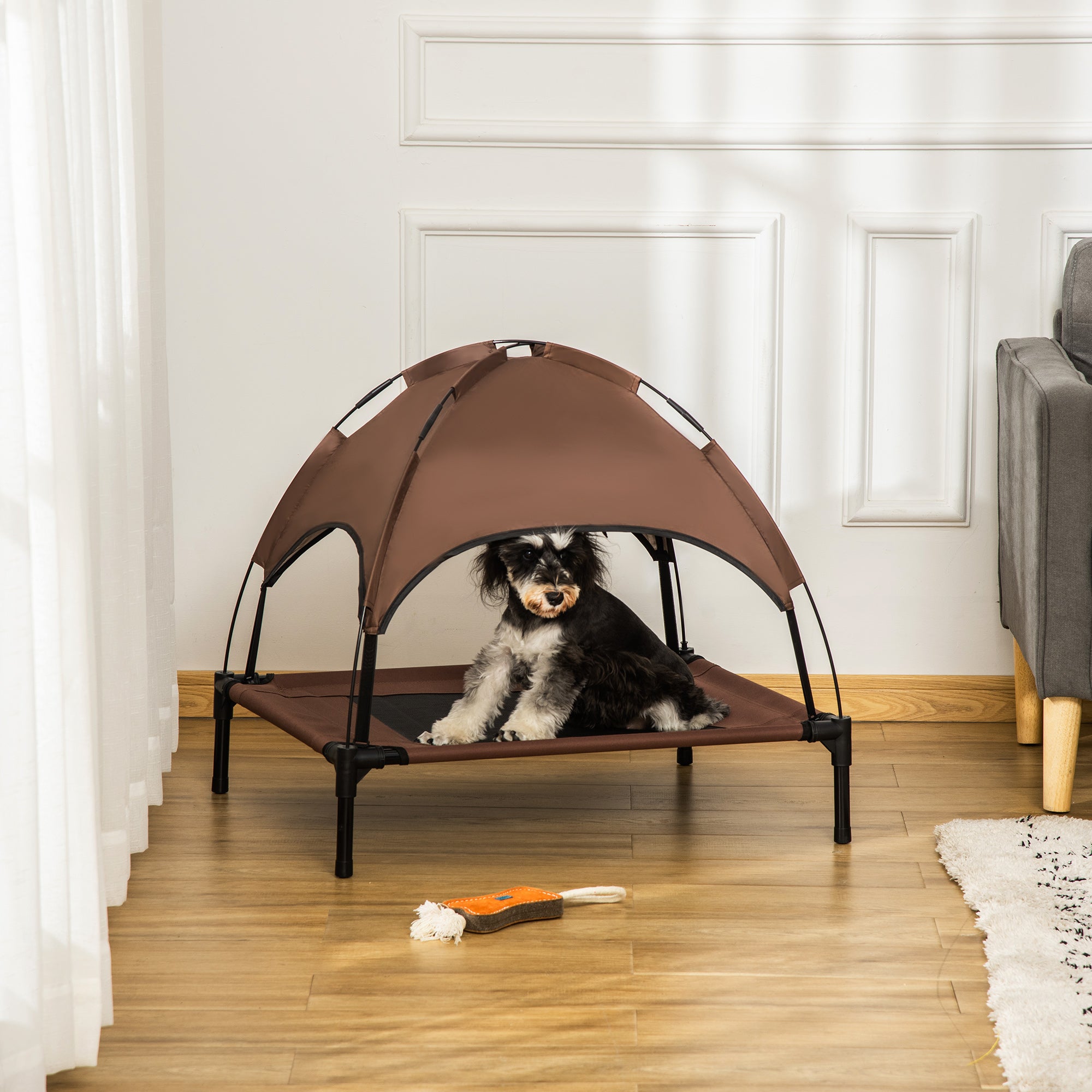 PawHut Elevated Dog Bed with Canopy, Portable Raised Dog Cot for M Sized Dogs, Indoor & Outdoor, 30" x 24" x 29", Coffee