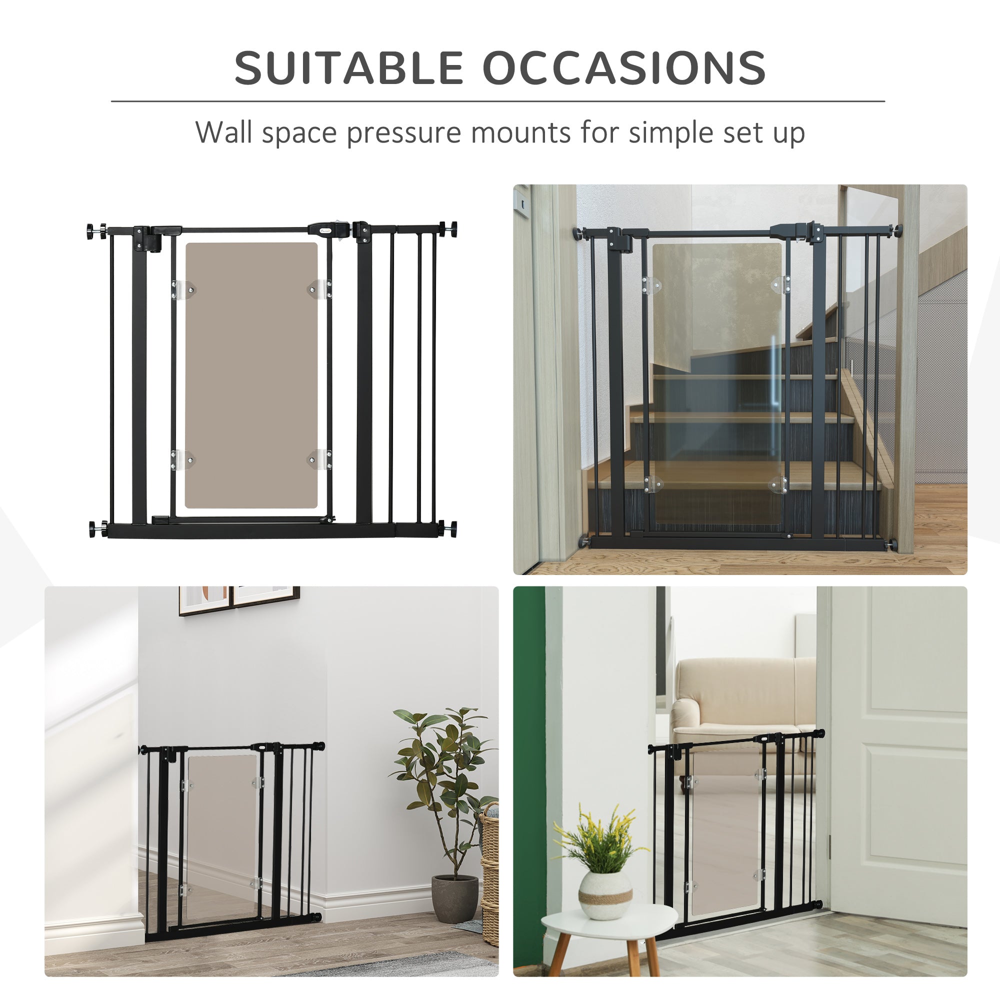 PawHut Pressure Fit Safety Gate for Doorways and Staircases, Dog Gate with Auto Closing Door, Pet Barrier for Hallways with Double Locking, Acrylic Panel, Extensions Kit, 76-92 cm - Black