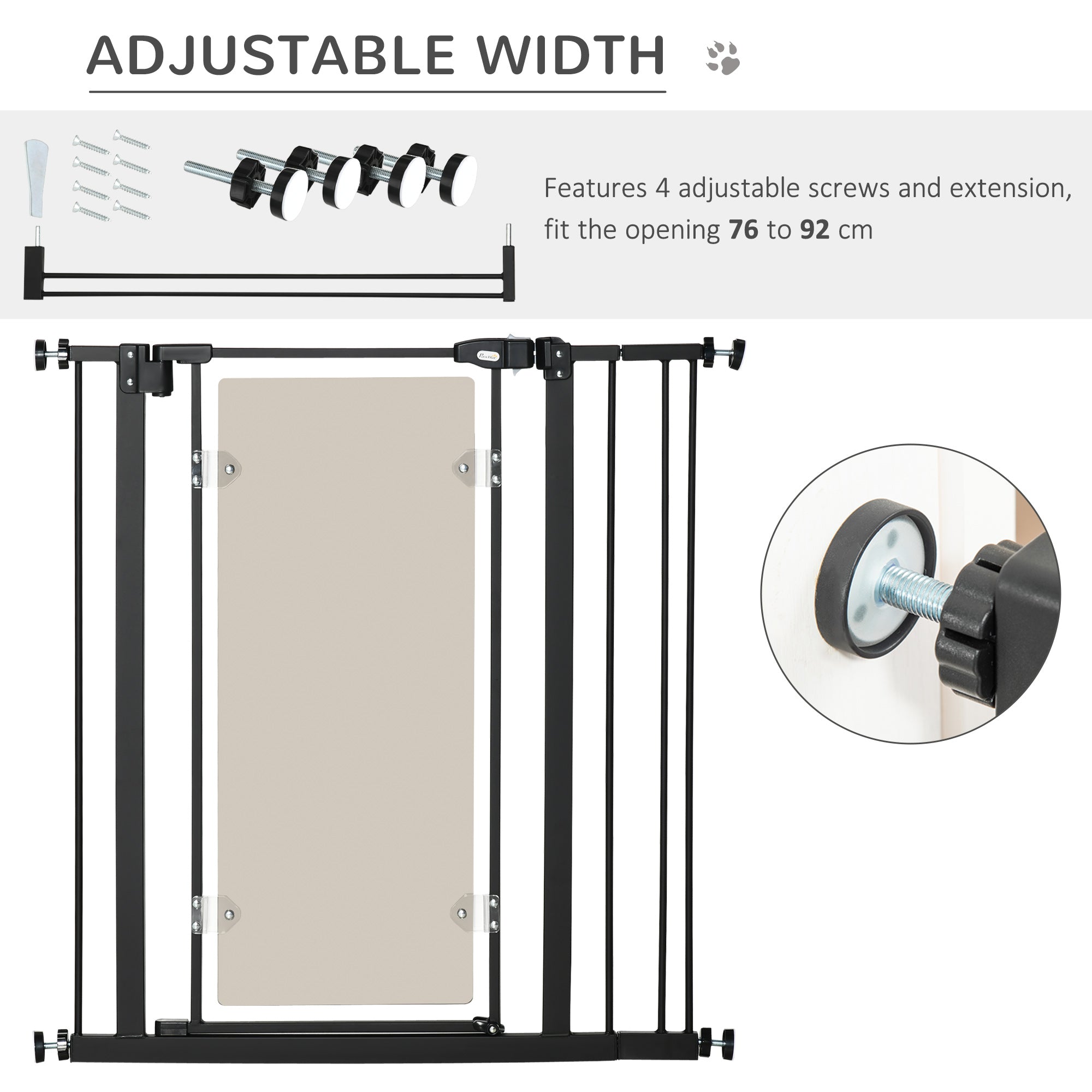 PawHut Pressure Fit Safety Gate for Doorways and Staircases, Dog Gate with Auto Closing Door, Pet Barrier for Hallways with Double Locking, Acrylic Panel, Extensions Kit, 76-92 cm - Black
