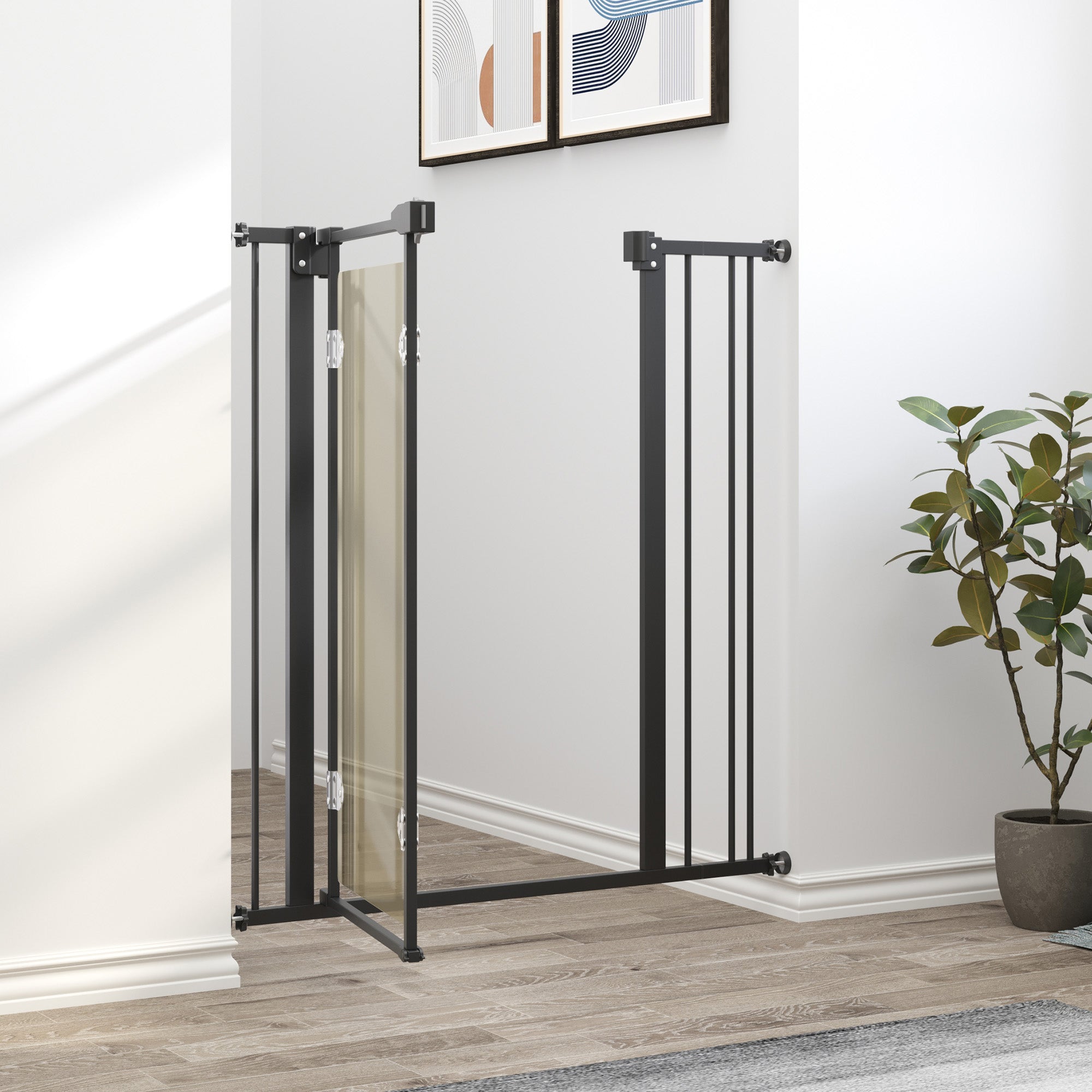 PawHut Pressure Fit Safety Gate for Doorways and Staircases, Dog Gate with Auto Closing Door, Pet Barrier for Hallways with Double Locking, Acrylic Panel, Extensions Kit, 76-92 cm - Black