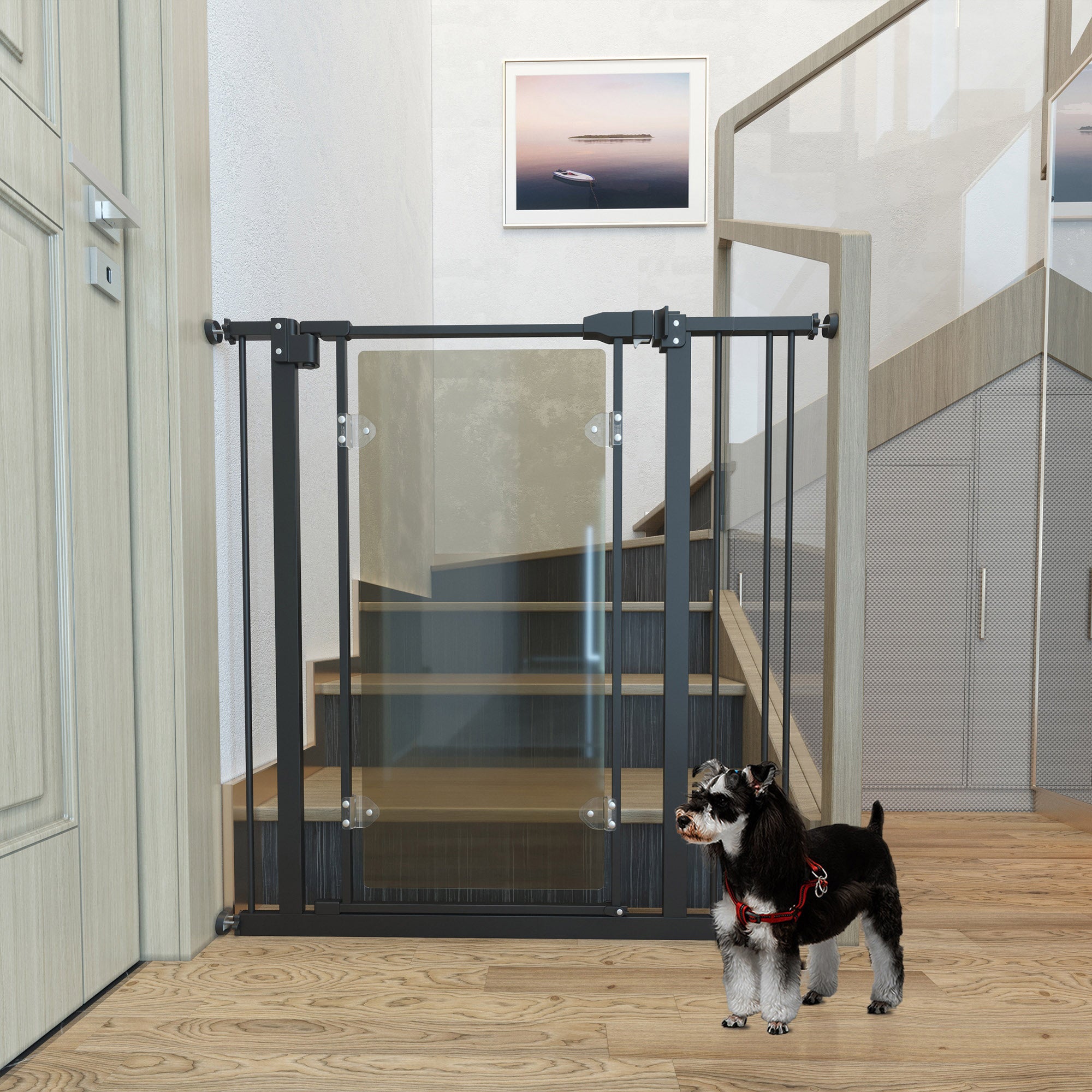 PawHut Pressure Fit Safety Gate for Doorways and Staircases, Dog Gate with Auto Closing Door, Pet Barrier for Hallways with Double Locking, Acrylic Panel, Extensions Kit, 76-92 cm - Black