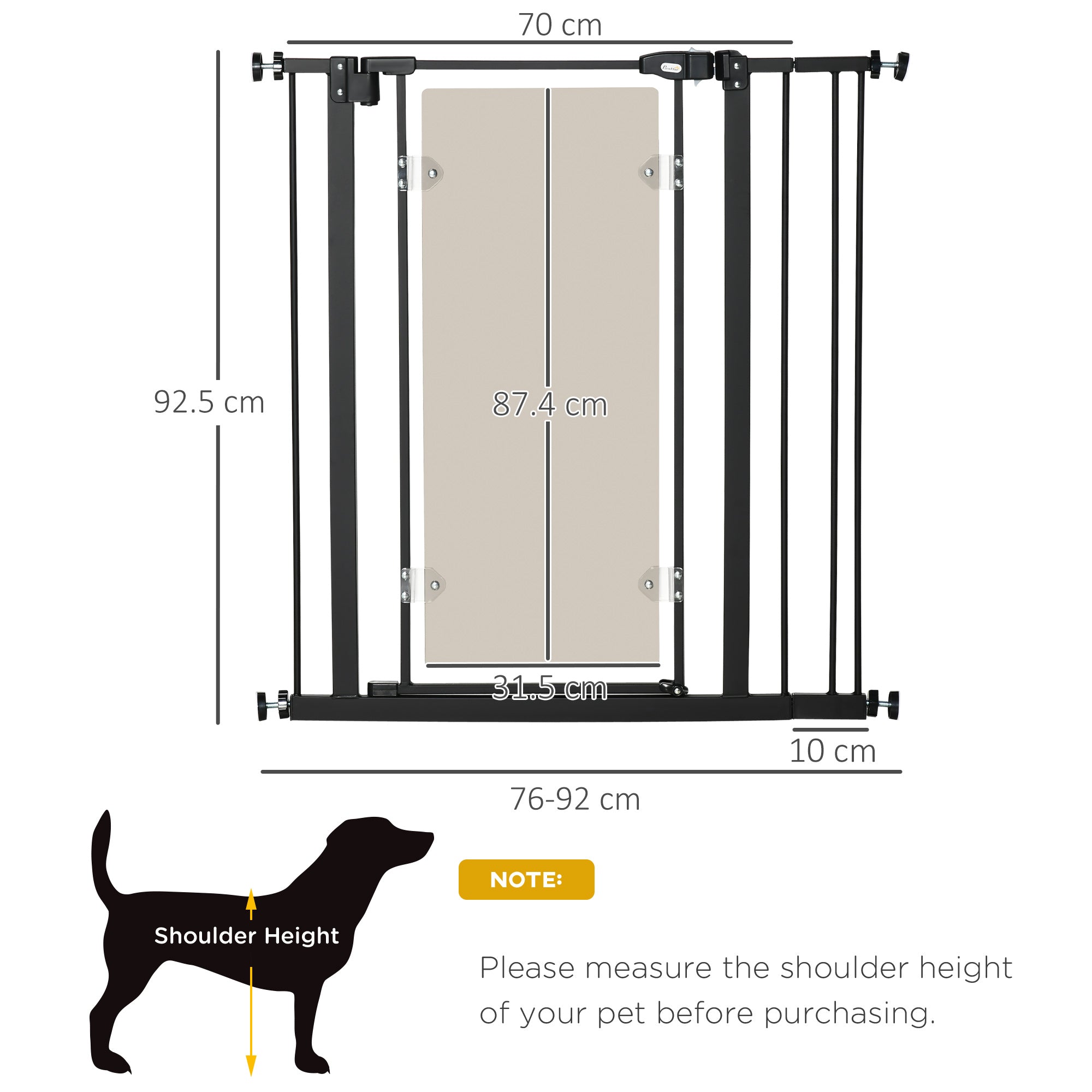 PawHut Pressure Fit Safety Gate for Doorways and Staircases, Dog Gate with Auto Closing Door, Pet Barrier for Hallways with Double Locking, Acrylic Panel, Extensions Kit, 76-92 cm - Black