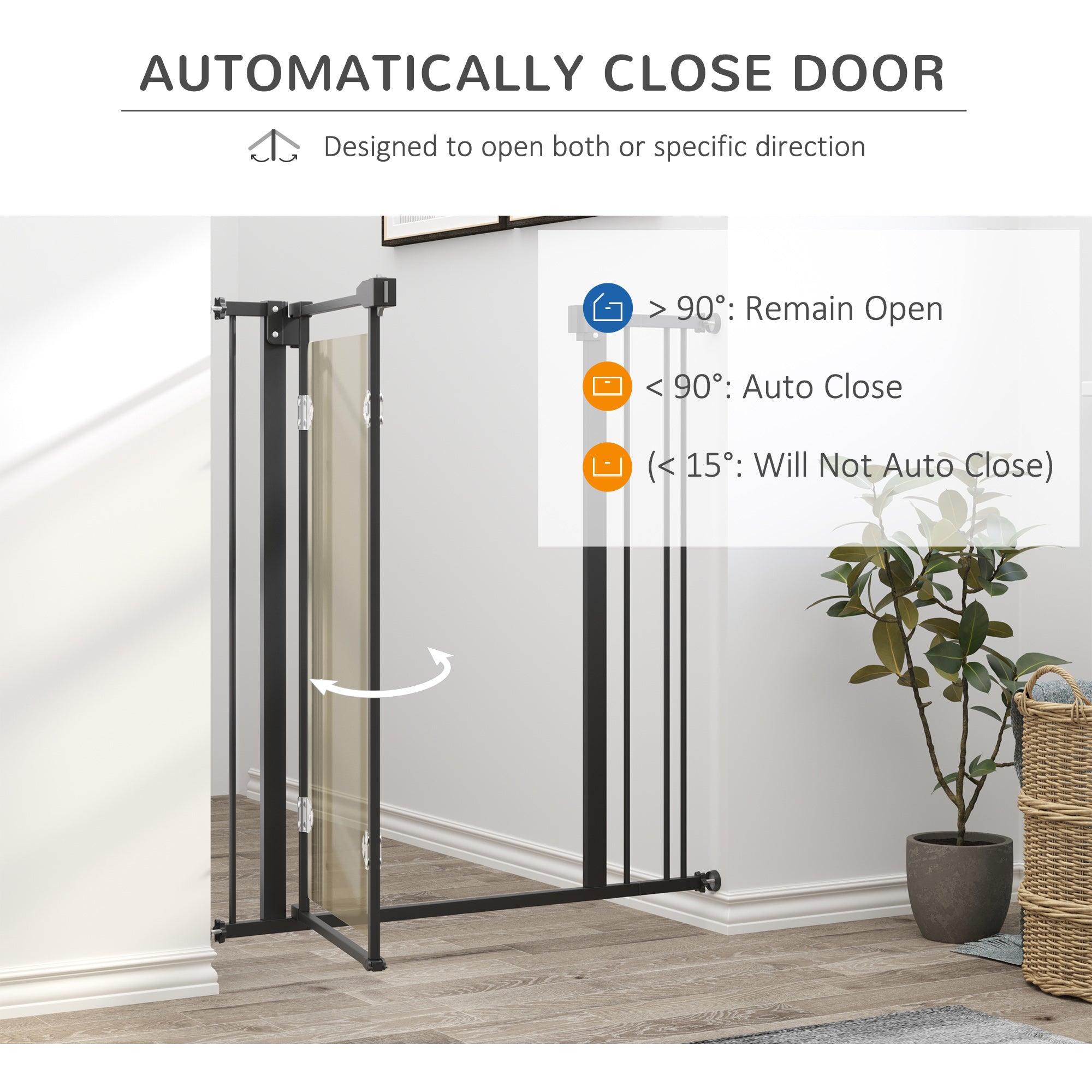 PawHut Pressure Fit Safety Gate for Doorways and Staircases, Dog Gate with Auto Closing Door, Pet Barrier for Hallways with Double Locking, Acrylic Panel, Extensions Kit, 76-92 cm - Black