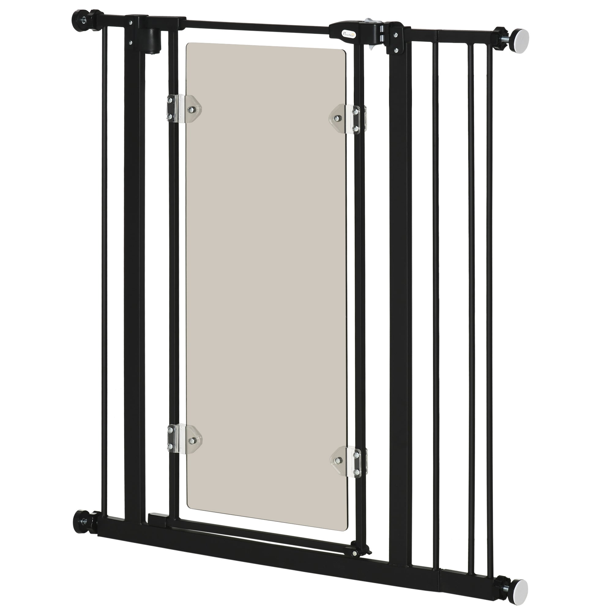 PawHut Pressure Fit Safety Gate for Doorways and Staircases, Dog Gate with Auto Closing Door, Pet Barrier for Hallways with Double Locking, Acrylic Panel, Extensions Kit, 76-92 cm - Black