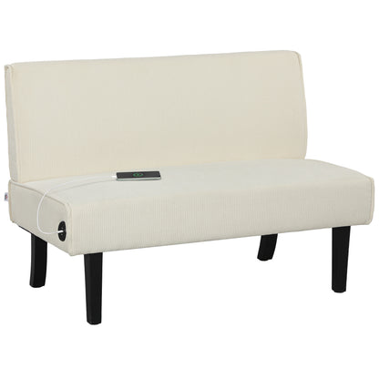 HOMCOM 46.5" Loveseat with USB/USB-C Ports, Modern Love Seat with Rubber Wood Legs, Corduroy 2 Seater Sofa Couch for Living Room, Bedroom, Home Office, Small Space, Cream White