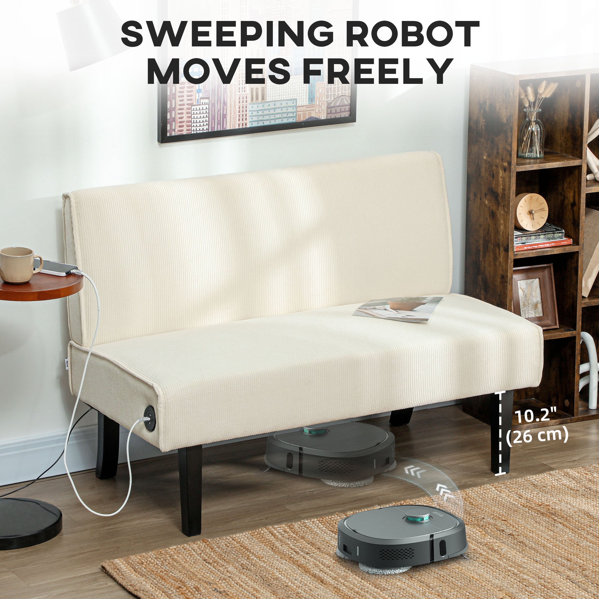 HOMCOM 46.5" Loveseat with USB/USB-C Ports, Modern Love Seat with Rubber Wood Legs, Corduroy 2 Seater Sofa Couch for Living Room, Bedroom, Home Office, Small Space, Cream White