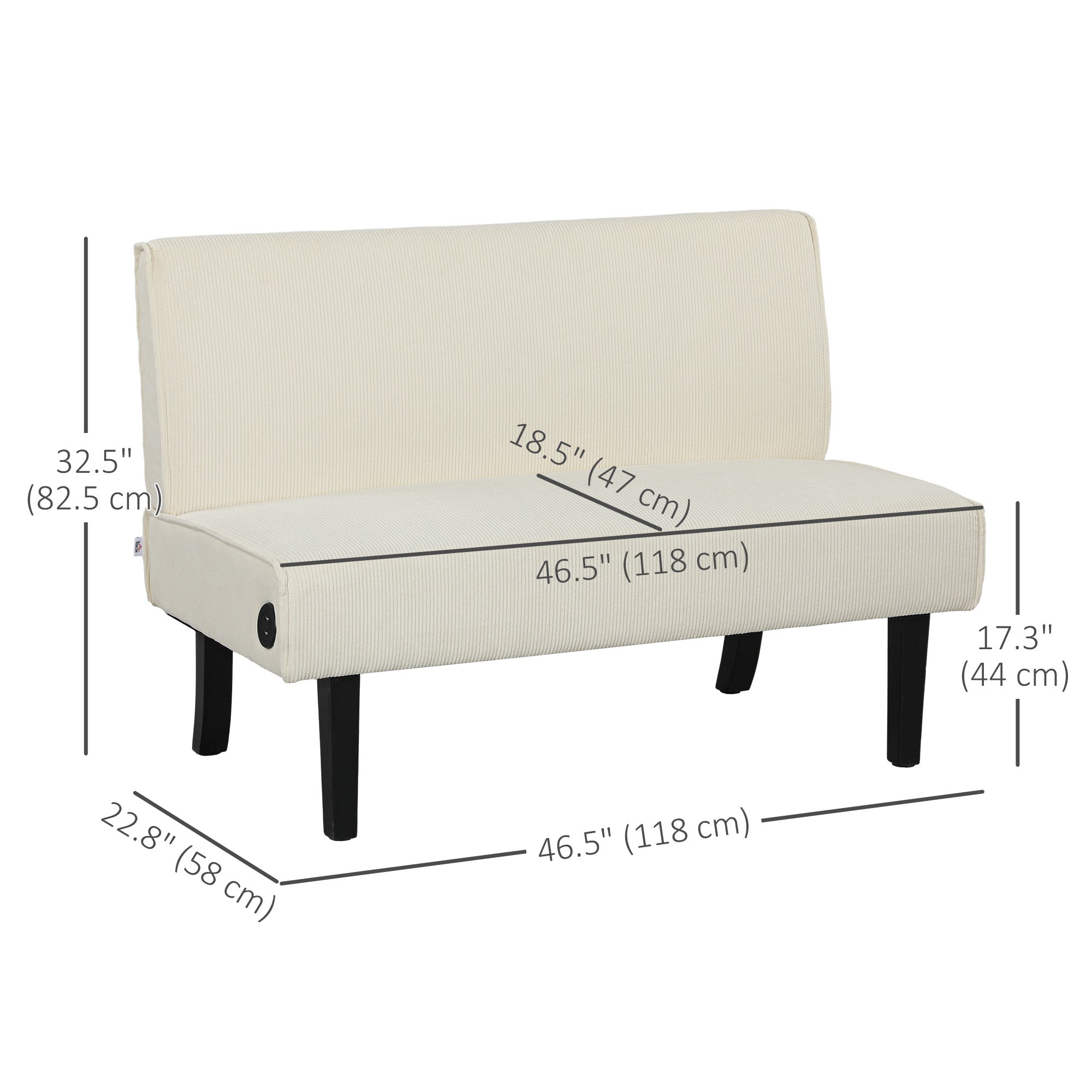 HOMCOM 46.5" Loveseat with USB/USB-C Ports, Modern Love Seat with Rubber Wood Legs, Corduroy 2 Seater Sofa Couch for Living Room, Bedroom, Home Office, Small Space, Cream White