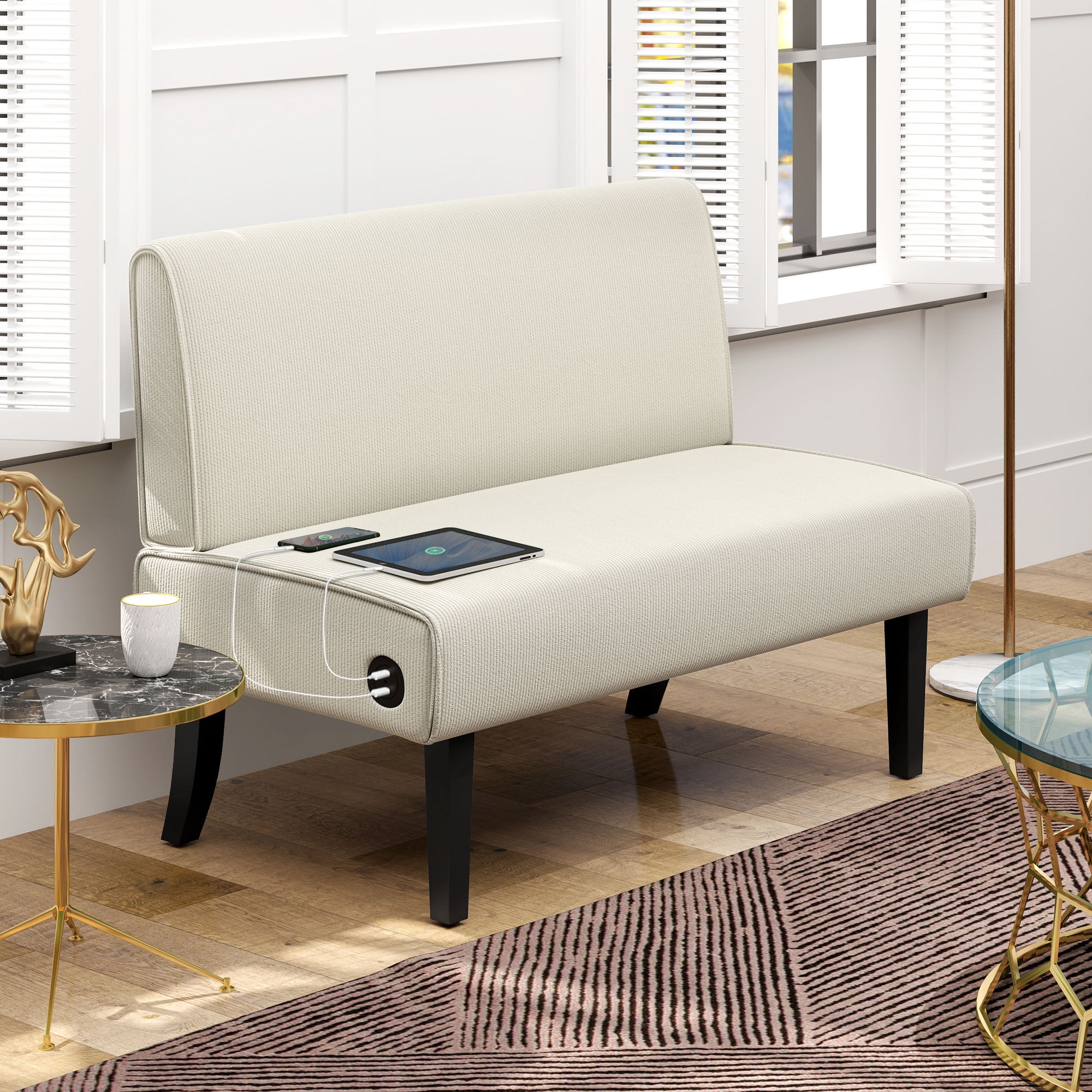 HOMCOM 46.5" Loveseat with USB/USB-C Ports, Modern Love Seat with Rubber Wood Legs, Corduroy 2 Seater Sofa Couch for Living Room, Bedroom, Home Office, Small Space, Cream White