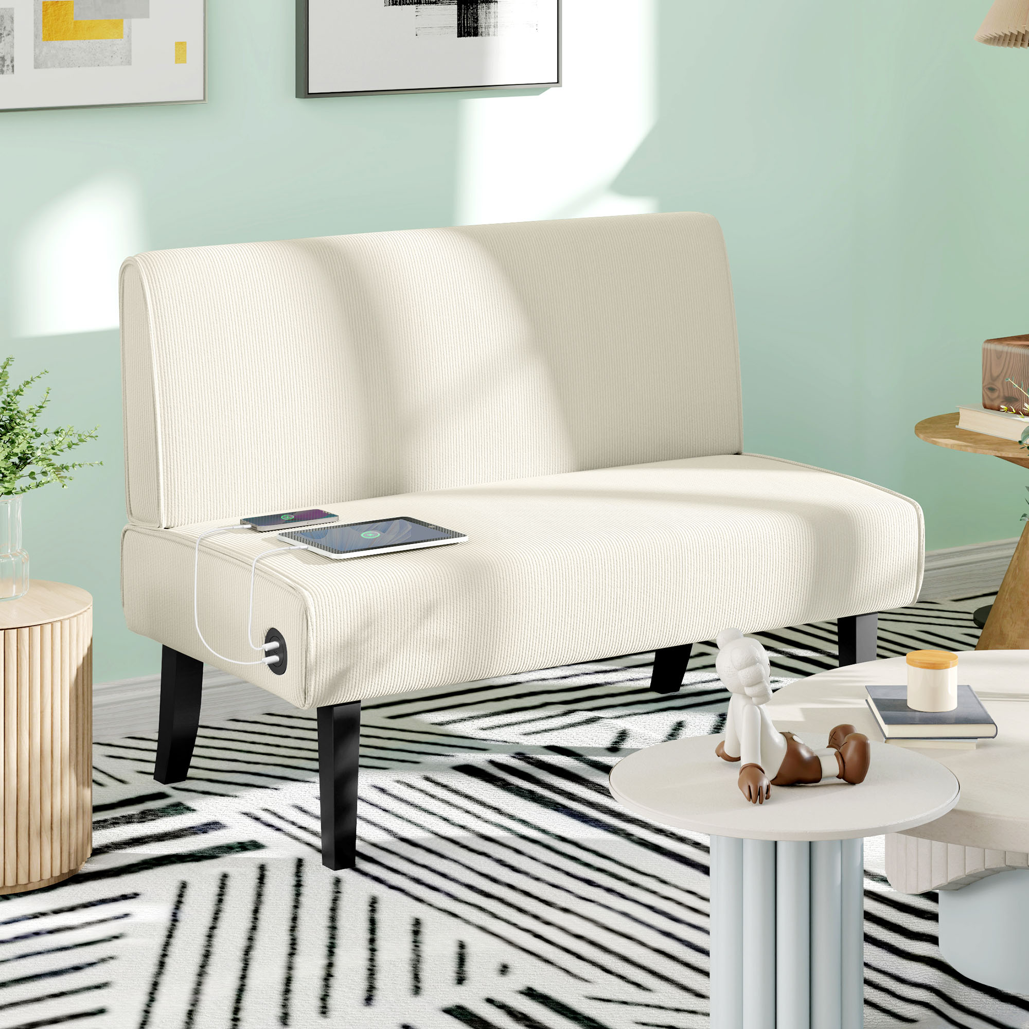 HOMCOM 46.5" Loveseat with USB/USB-C Ports, Modern Love Seat with Rubber Wood Legs, Corduroy 2 Seater Sofa Couch for Living Room, Bedroom, Home Office, Small Space, Cream White