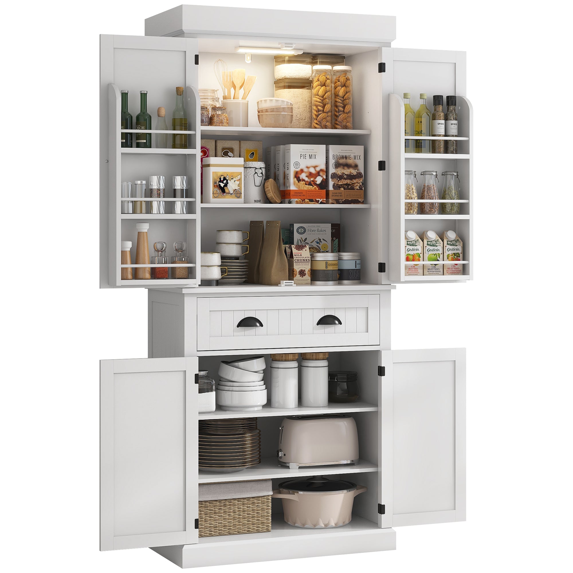 HOMCOM 71" Kitchen Pantry Cabinet with LED Motion Sensor Light, Tall Storage Cabinet with 6 Door Shelves, Drawer & Adjustable Shelves, for Living & Dining Room, White
