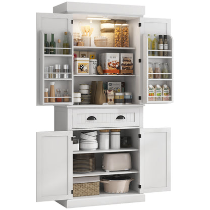 HOMCOM 71" Kitchen Pantry Cabinet with LED Motion Sensor Light, Tall Storage Cabinet with 6 Door Shelves, Drawer & Adjustable Shelves, for Living & Dining Room, White