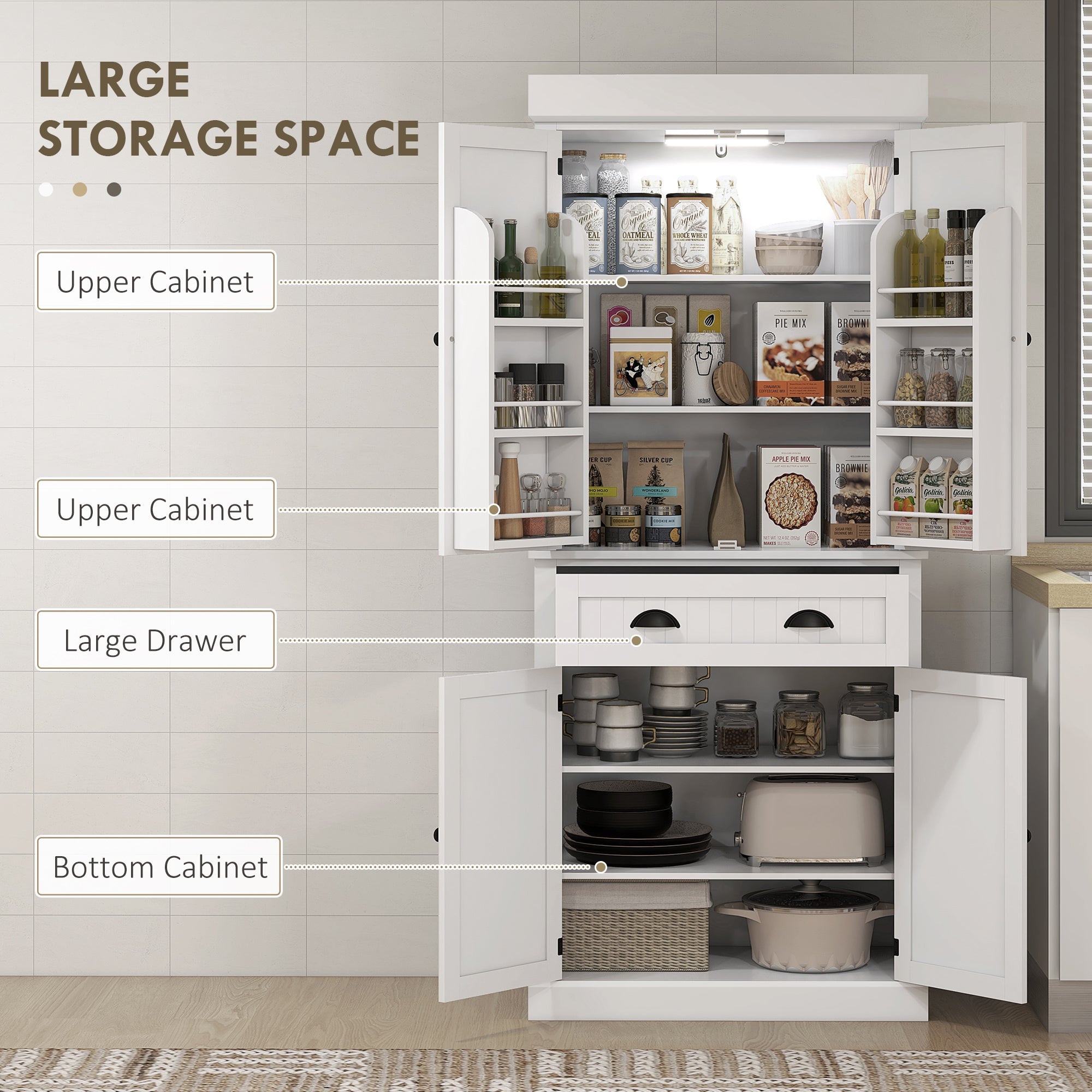HOMCOM 71" Kitchen Pantry Cabinet with LED Motion Sensor Light, Tall Storage Cabinet with 6 Door Shelves, Drawer & Adjustable Shelves, for Living & Dining Room, White