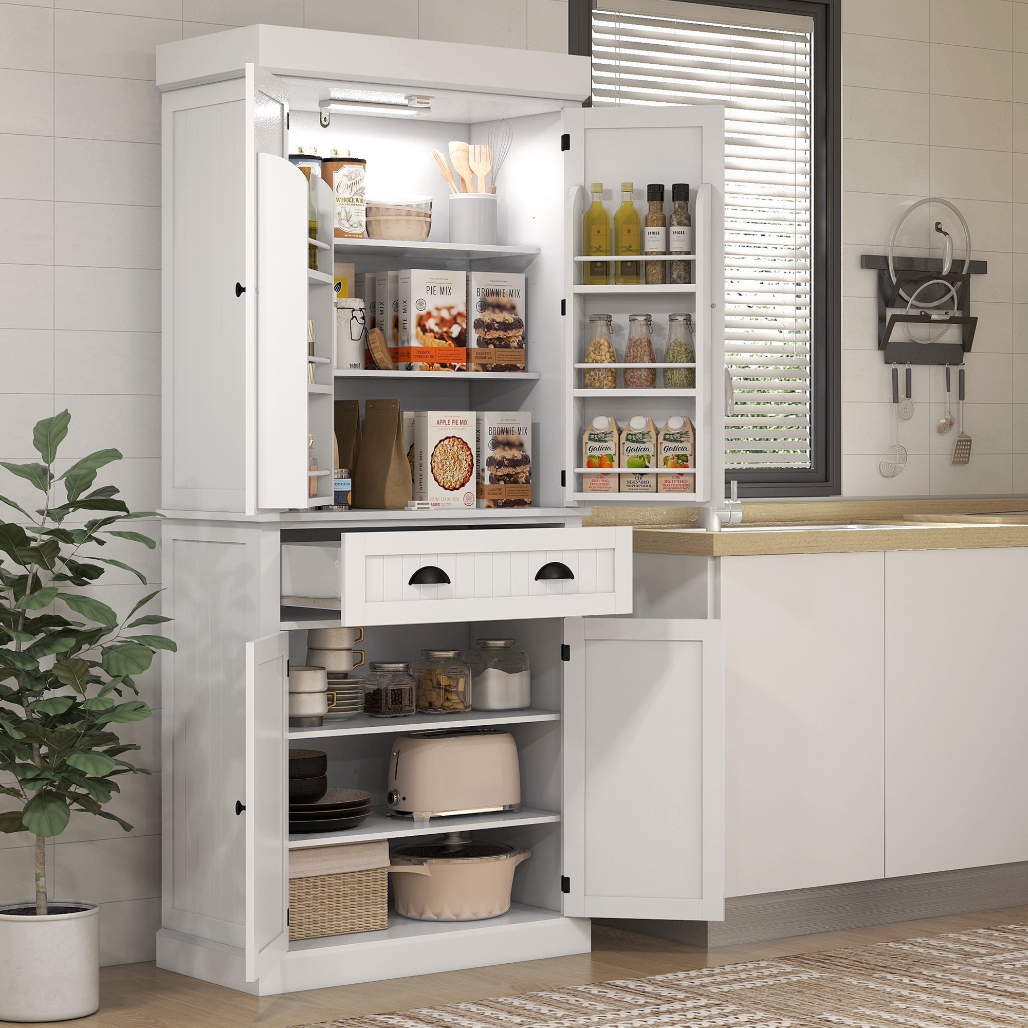 HOMCOM 71" Kitchen Pantry Cabinet with LED Motion Sensor Light, Tall Storage Cabinet with 6 Door Shelves, Drawer & Adjustable Shelves, for Living & Dining Room, White