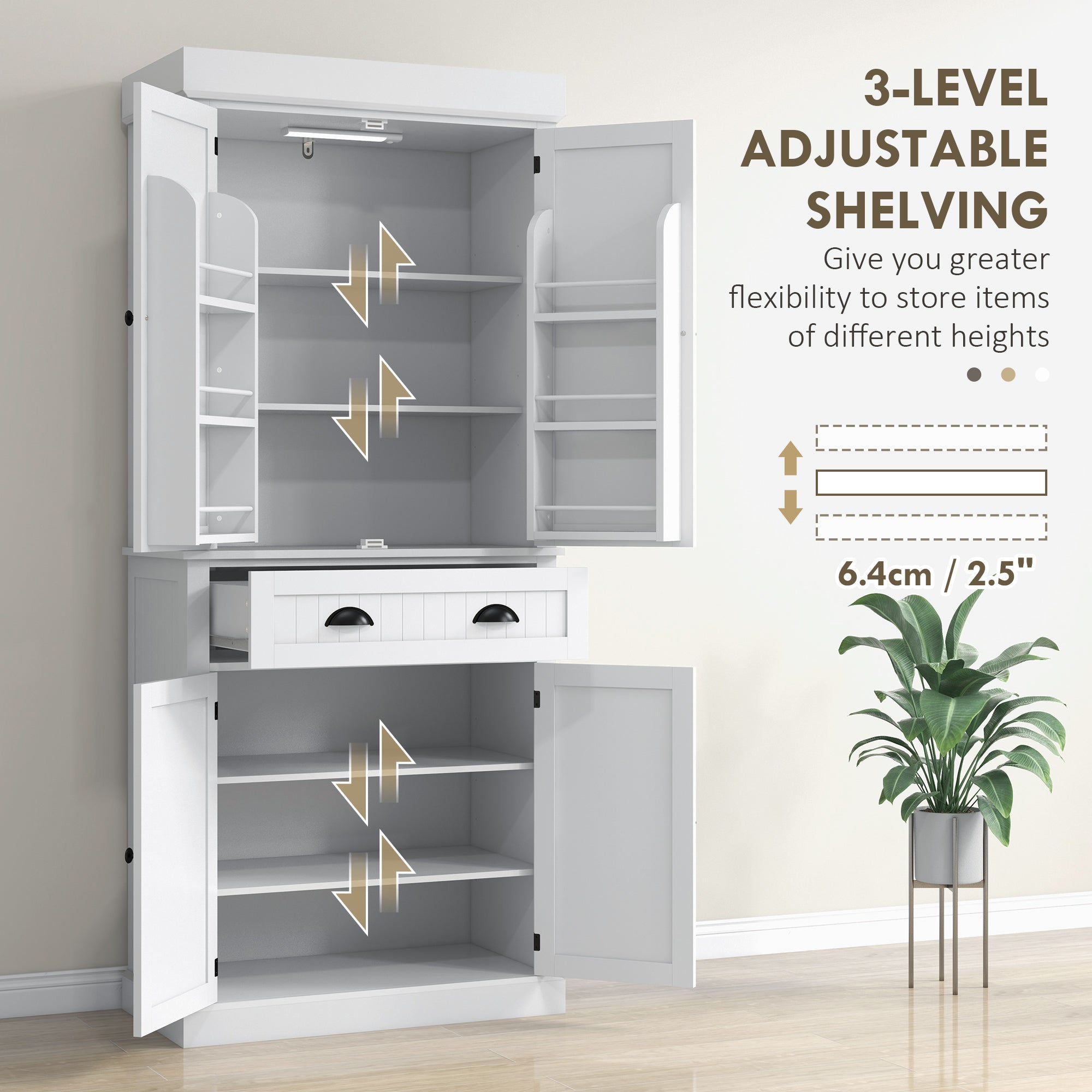 HOMCOM 71" Kitchen Pantry Cabinet with LED Motion Sensor Light, Tall Storage Cabinet with 6 Door Shelves, Drawer & Adjustable Shelves, for Living & Dining Room, White