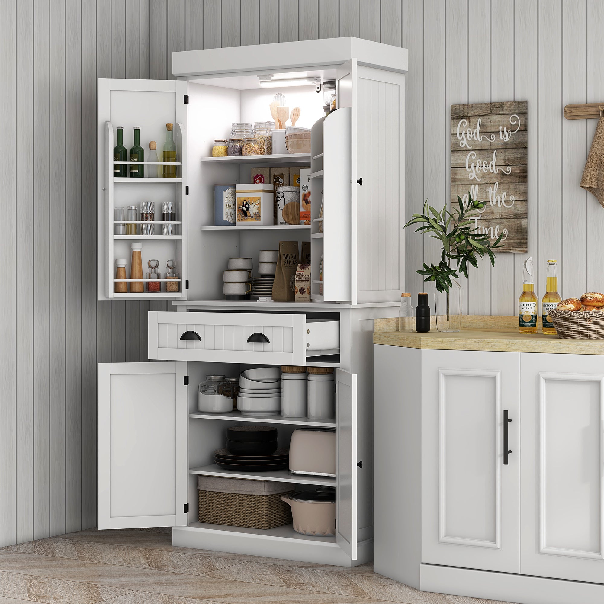 HOMCOM 71" Kitchen Pantry Cabinet with LED Motion Sensor Light, Tall Storage Cabinet with 6 Door Shelves, Drawer & Adjustable Shelves, for Living & Dining Room, White