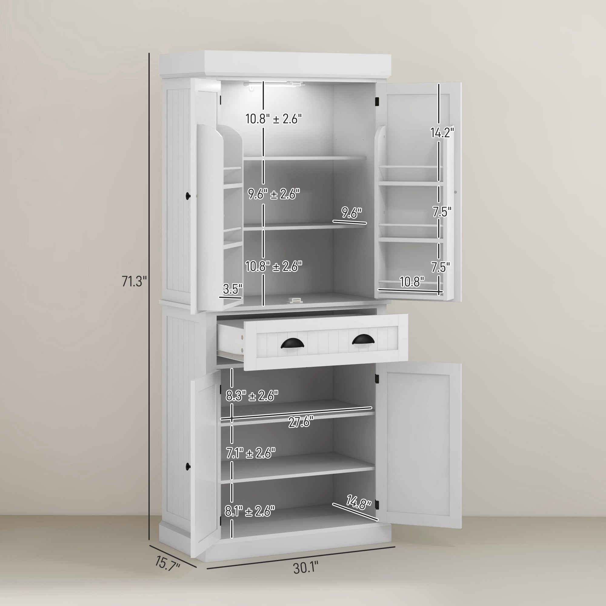 HOMCOM 71" Kitchen Pantry Cabinet with LED Motion Sensor Light, Tall Storage Cabinet with 6 Door Shelves, Drawer & Adjustable Shelves, for Living & Dining Room, White