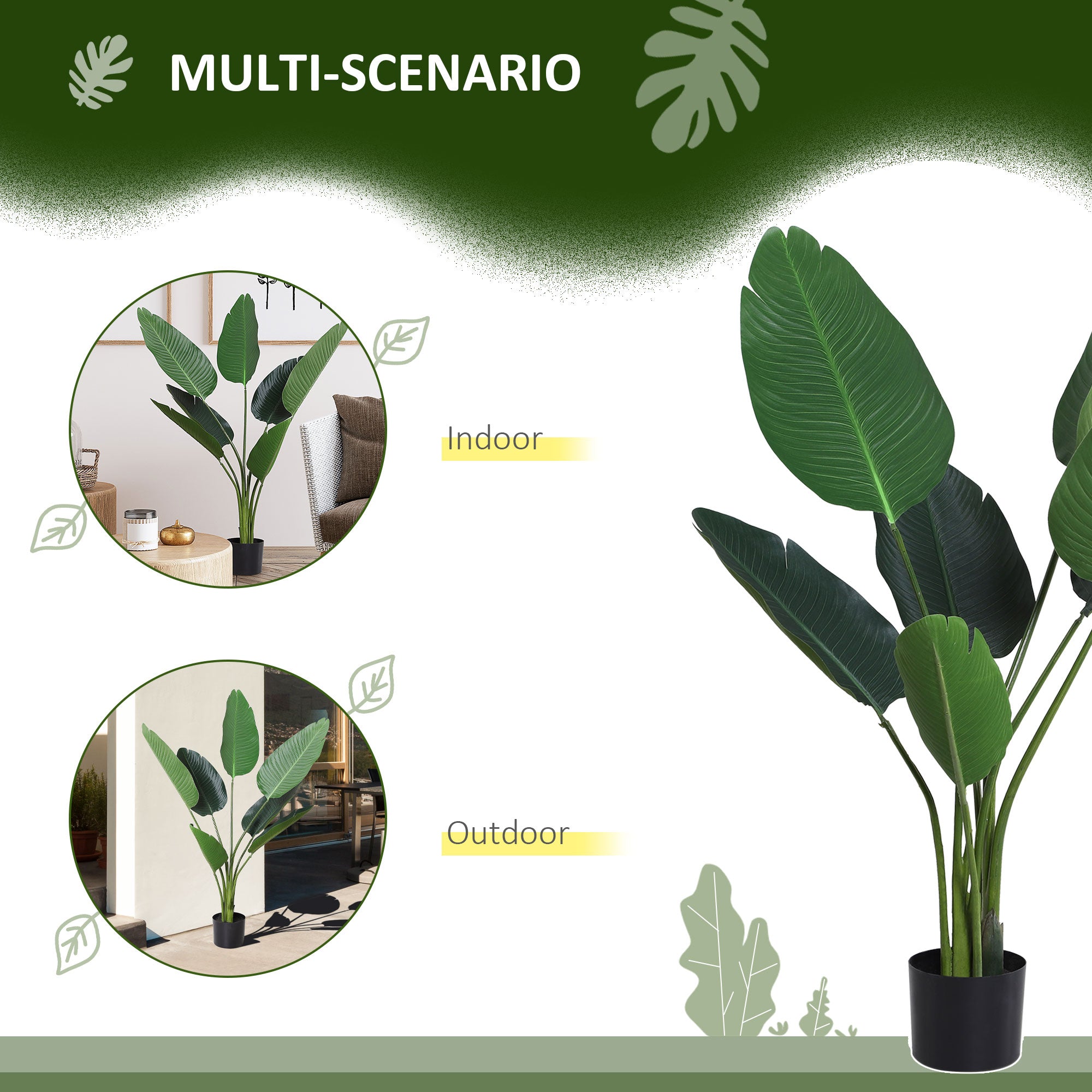 Outsunny 4FT Artificial Bird of Paradise Plant, Fake Tropical Palm Plant with 7 Banana Leaves in Pot, Faux Plant for Indoor and Outdoor, Green