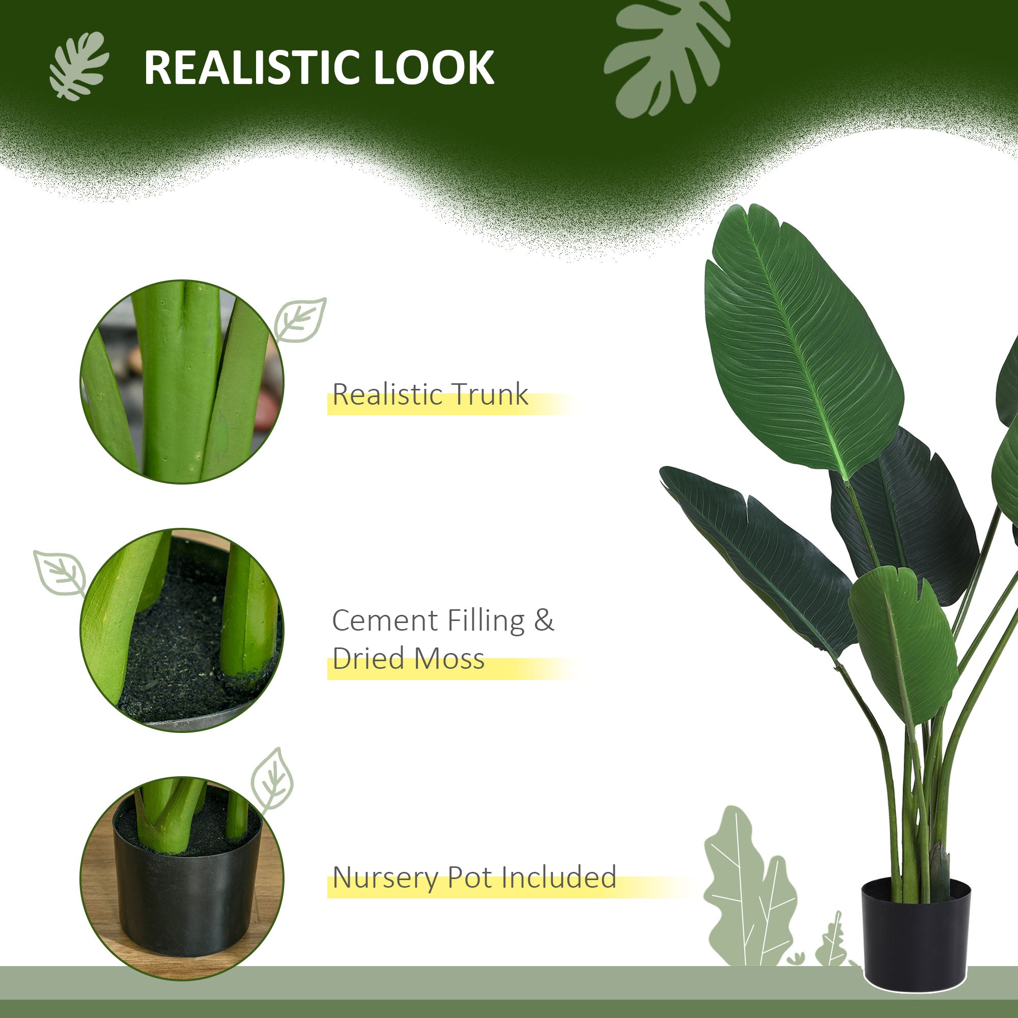 Outsunny 4FT Artificial Bird of Paradise Plant, Fake Tropical Palm Plant with 7 Banana Leaves in Pot, Faux Plant for Indoor and Outdoor, Green