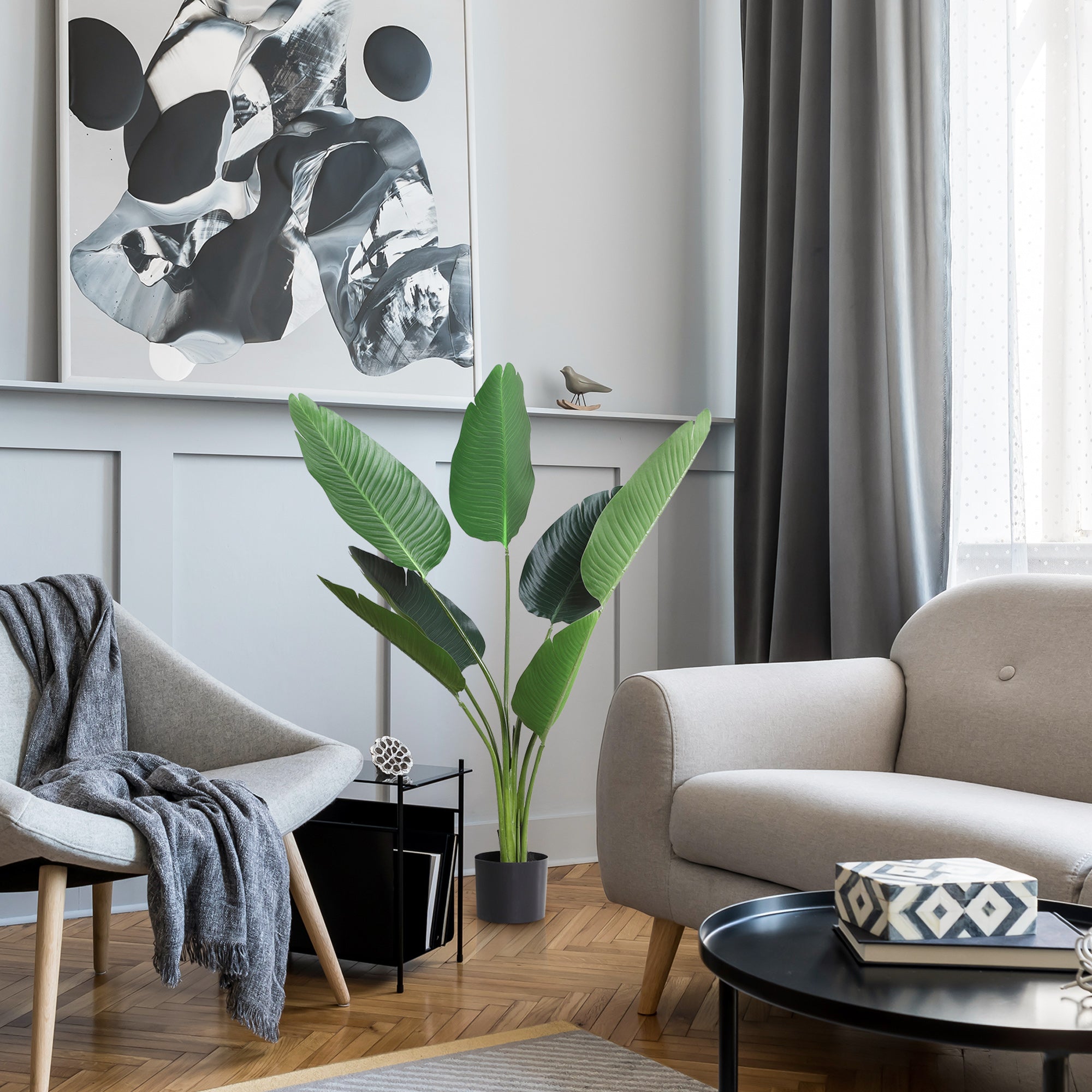 Outsunny 4FT Artificial Bird of Paradise Plant, Fake Tropical Palm Plant with 7 Banana Leaves in Pot, Faux Plant for Indoor and Outdoor, Green