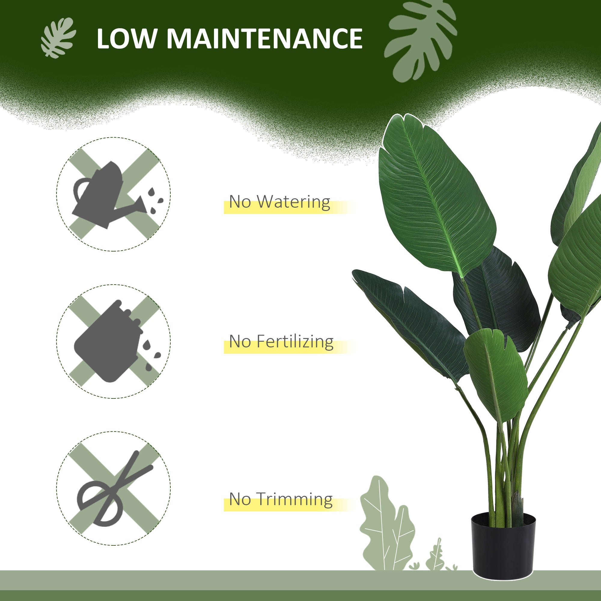 Outsunny 4FT Artificial Bird of Paradise Plant, Fake Tropical Palm Plant with 7 Banana Leaves in Pot, Faux Plant for Indoor and Outdoor, Green