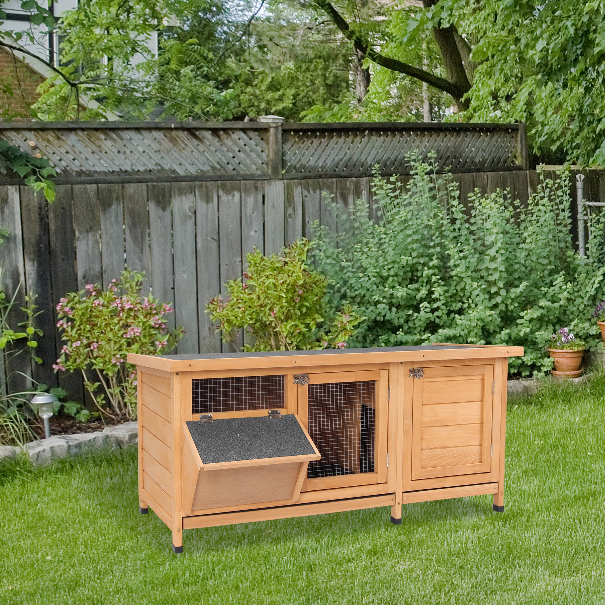 PawHut Wooden Rabbit Hutch Bunny Cage Guinea Pig House Outdoor with Sliding Out Tray, Openable Roof, Feeding Trough, Yellow