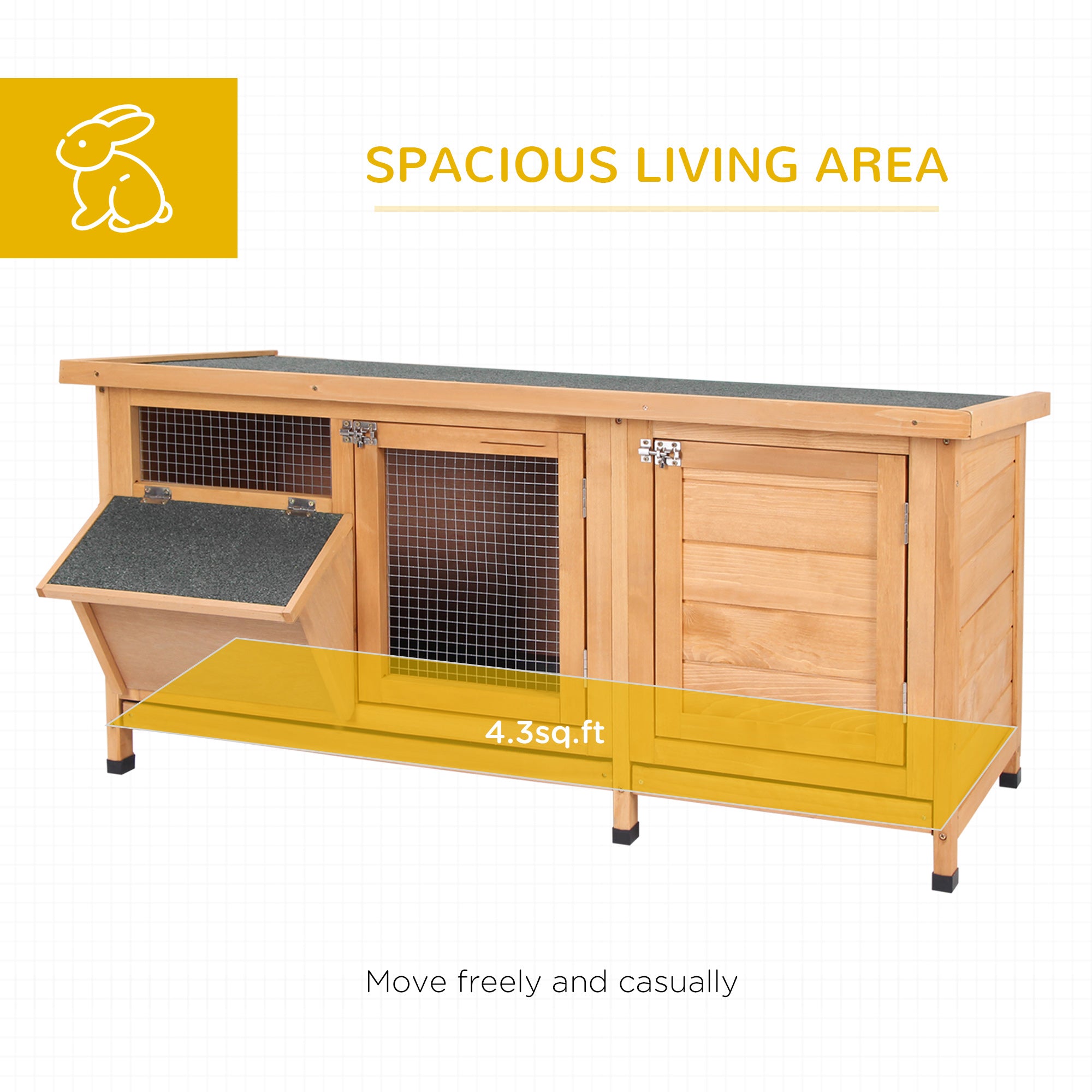 PawHut Wooden Rabbit Hutch Bunny Cage Guinea Pig House Outdoor with Sliding Out Tray, Openable Roof, Feeding Trough, Yellow