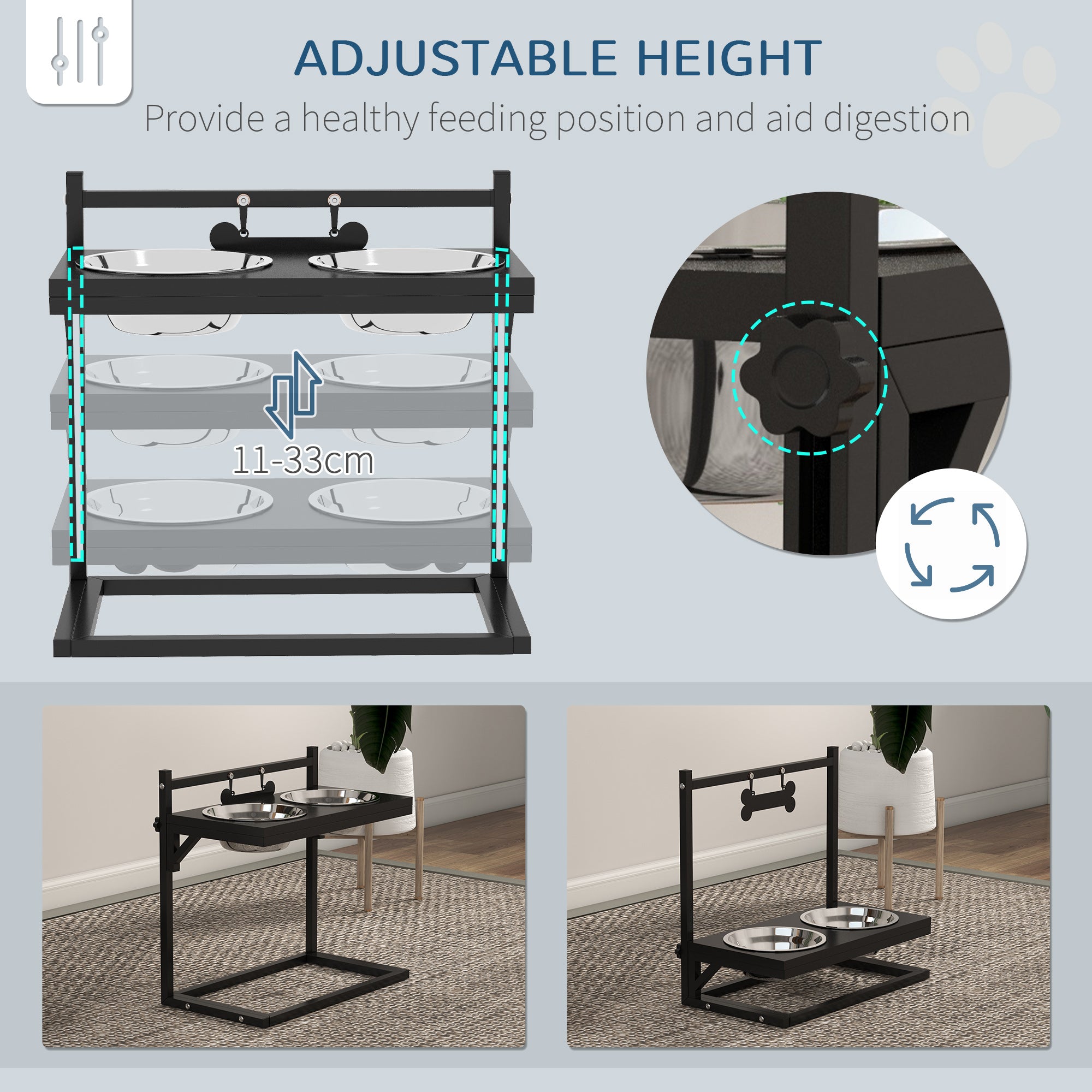 PawHut Raised Dog Bowl, Elevated Dog Bowl with Adjustable Height Stand, 2 Stainless Steel Bowls, for Small Medium Large Dogs - Black