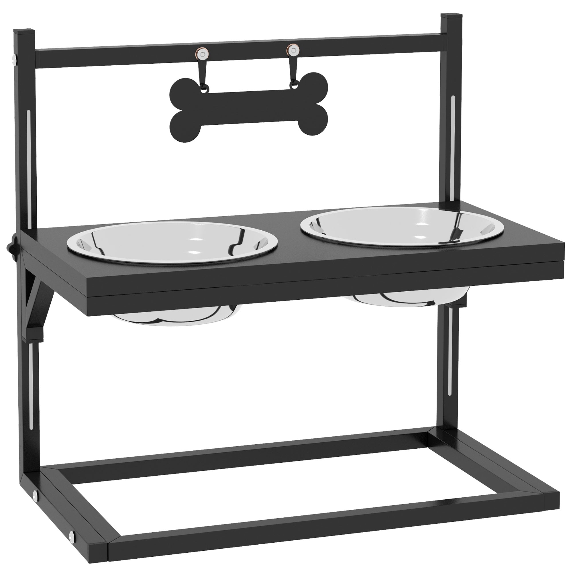 PawHut Raised Dog Bowl, Elevated Dog Bowl with Adjustable Height Stand, 2 Stainless Steel Bowls, for Small Medium Large Dogs - Black