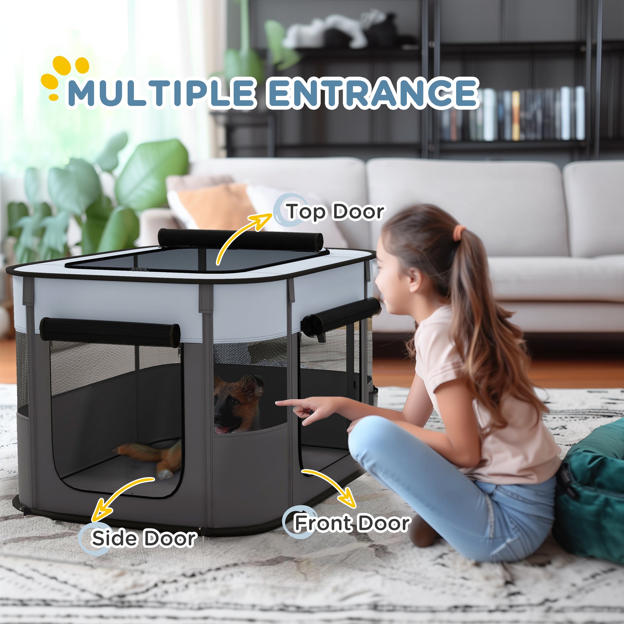 PawHut Dog Pen, Pet Playpen, Portable Foldable Dog Cat Playpen Soft Dog Cage with Storage Bag for Puppies, Rabbits, Kittens, Guinea Pigs, 84 x 64 x 53cm - Grey