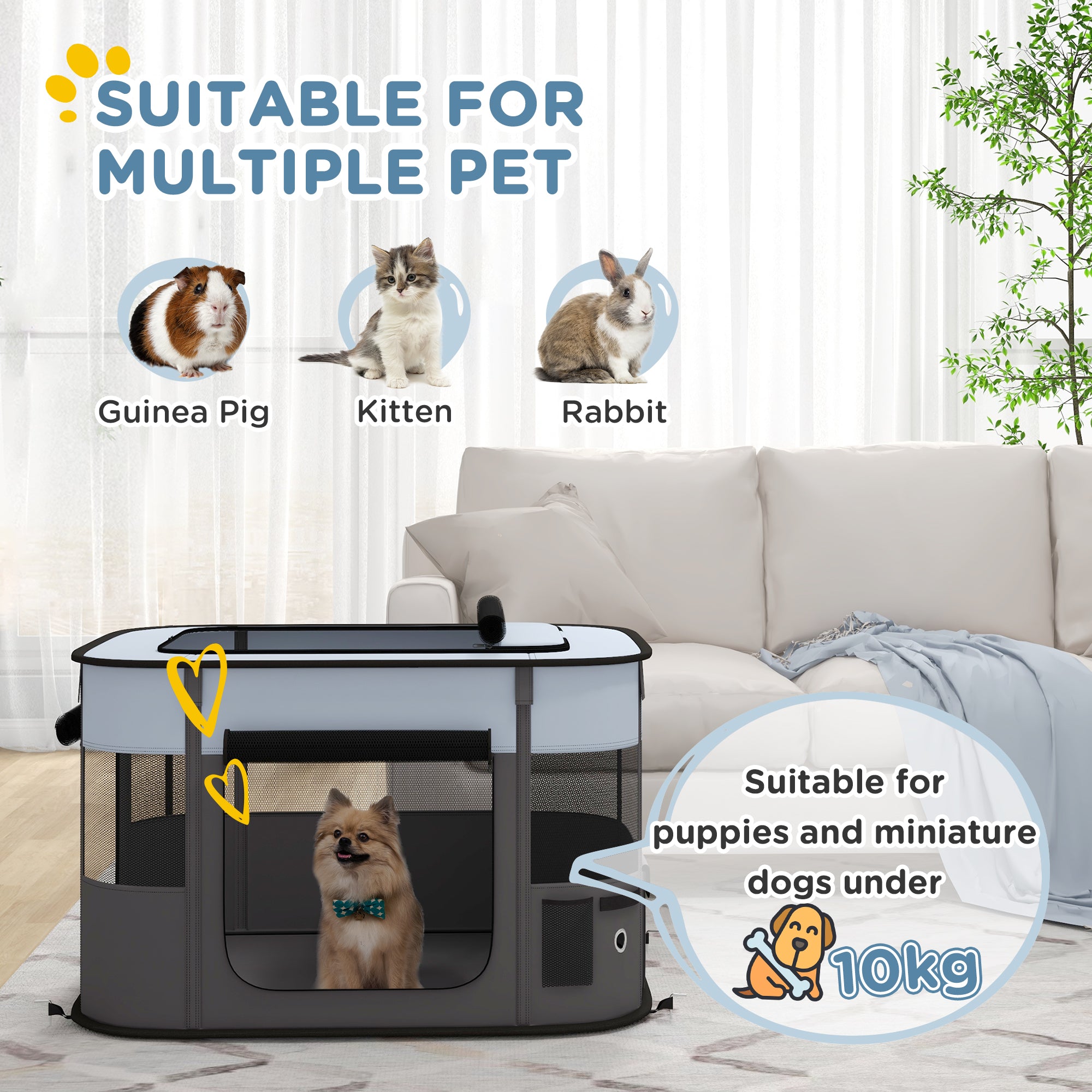 PawHut Dog Pen, Pet Playpen, Portable Foldable Dog Cat Playpen Soft Dog Cage with Storage Bag for Puppies, Rabbits, Kittens, Guinea Pigs, 84 x 64 x 53cm - Grey