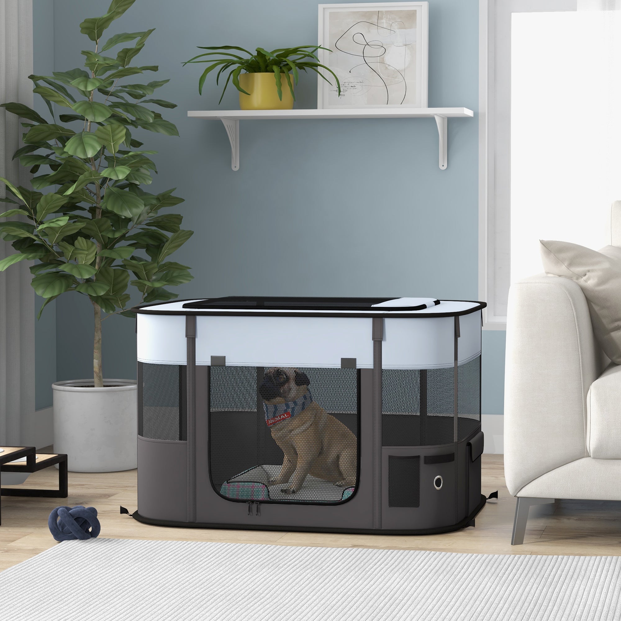 PawHut Dog Pen, Pet Playpen, Portable Foldable Dog Cat Playpen Soft Dog Cage with Storage Bag for Puppies, Rabbits, Kittens, Guinea Pigs, 84 x 64 x 53cm - Grey