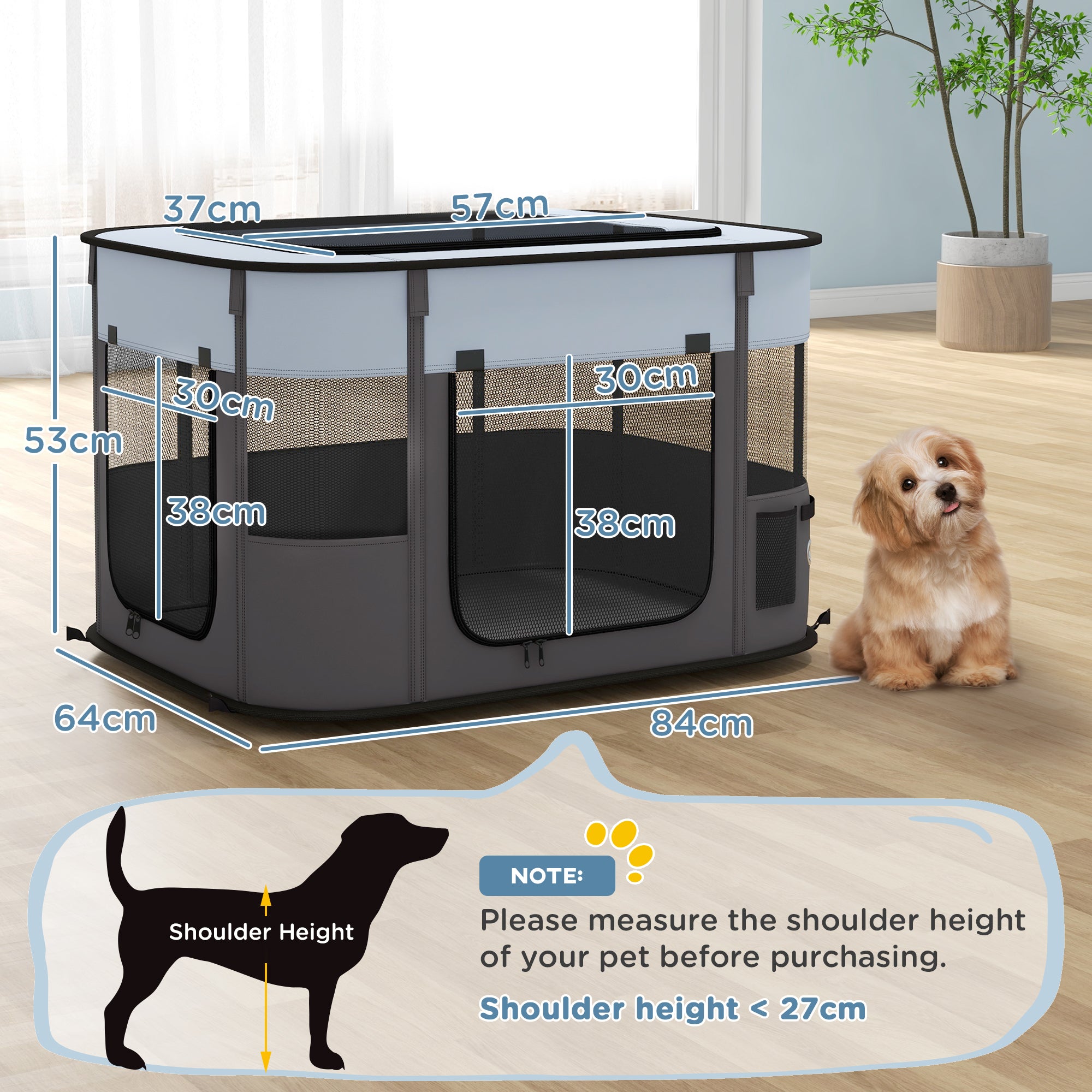 PawHut Dog Pen, Pet Playpen, Portable Foldable Dog Cat Playpen Soft Dog Cage with Storage Bag for Puppies, Rabbits, Kittens, Guinea Pigs, 84 x 64 x 53cm - Grey