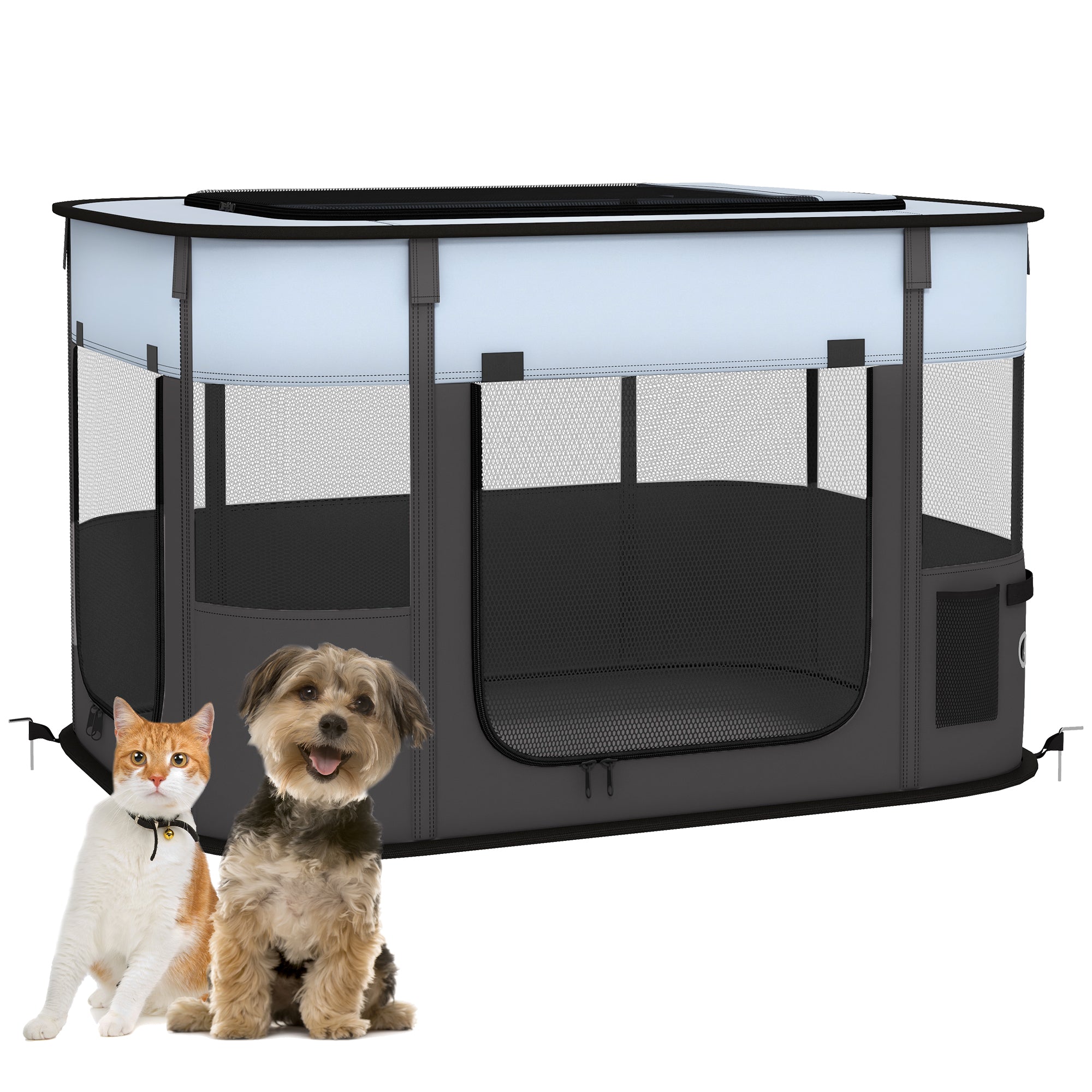 PawHut Dog Pen, Pet Playpen, Portable Foldable Dog Cat Playpen Soft Dog Cage with Storage Bag for Puppies, Rabbits, Kittens, Guinea Pigs, 84 x 64 x 53cm - Grey