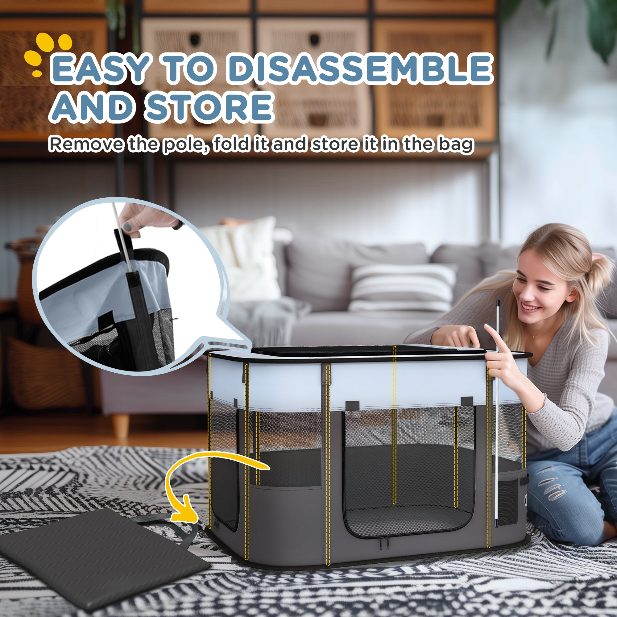 PawHut Dog Pen, Pet Playpen, Portable Foldable Dog Cat Playpen Soft Dog Cage with Storage Bag for Puppies, Rabbits, Kittens, Guinea Pigs, 84 x 64 x 53cm - Grey