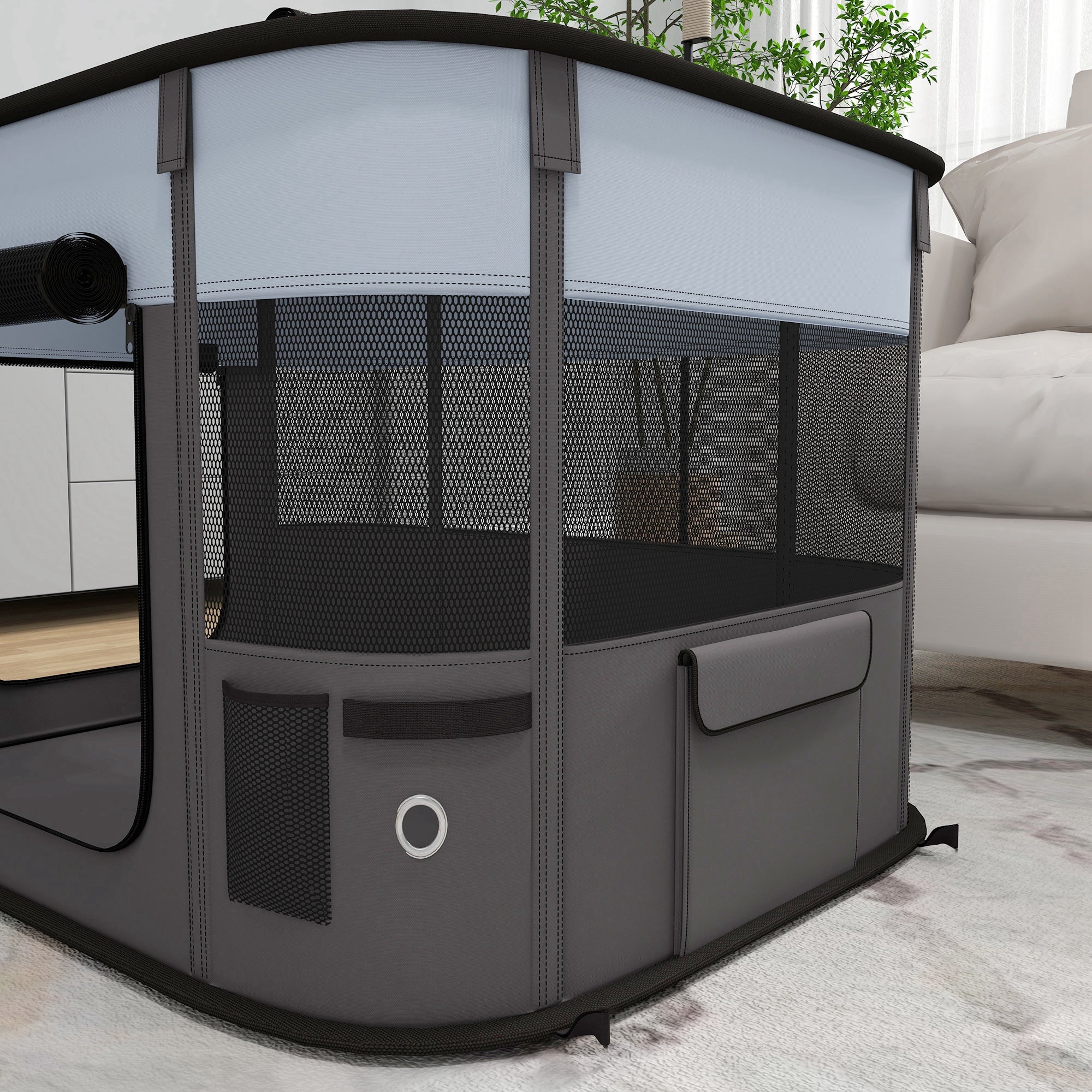 PawHut Dog Pen, Pet Playpen, Portable Foldable Dog Cat Playpen Soft Dog Cage with Storage Bag for Puppies, Rabbits, Kittens, Guinea Pigs, 84 x 64 x 53cm - Grey