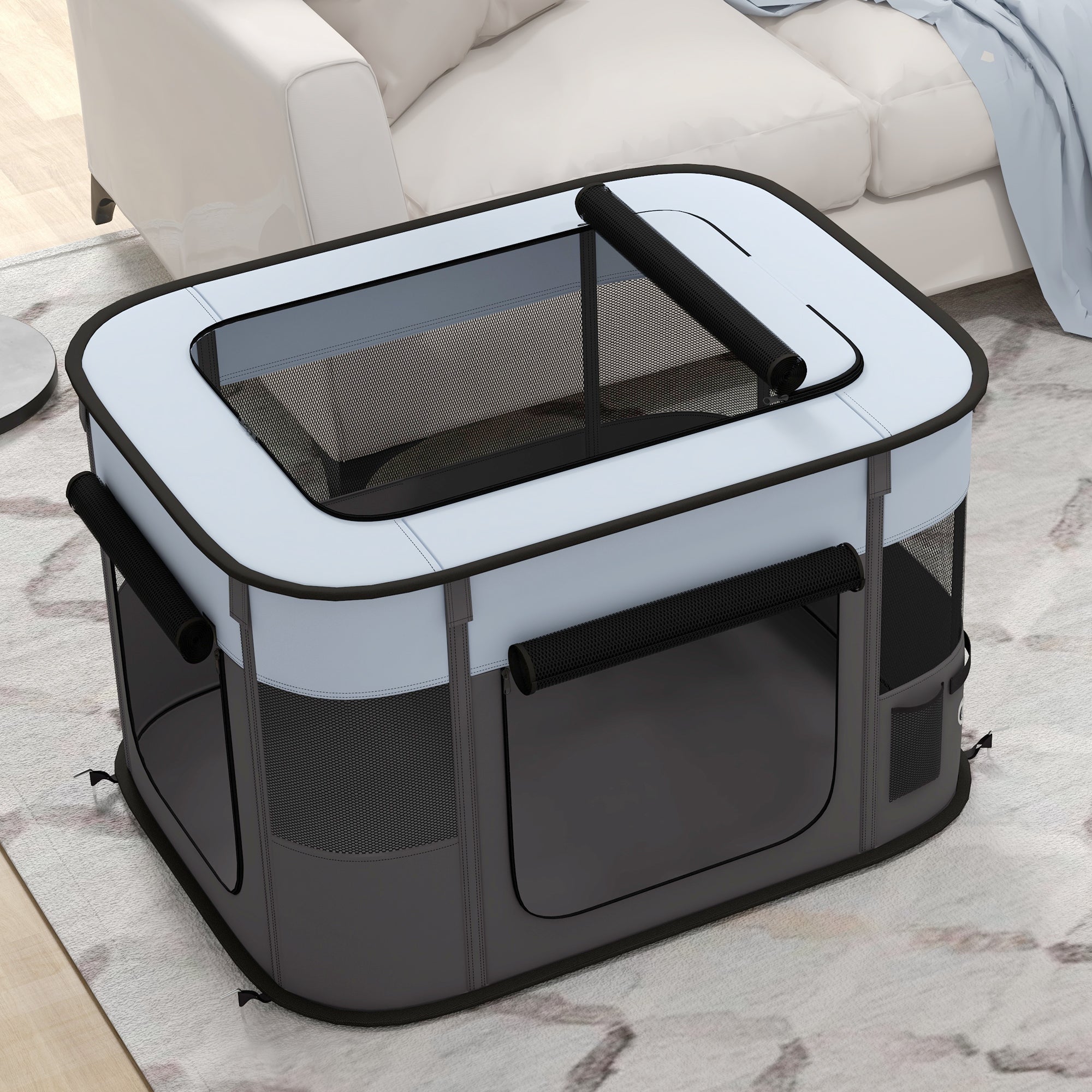 PawHut Dog Pen, Pet Playpen, Portable Foldable Dog Cat Playpen Soft Dog Cage with Storage Bag for Puppies, Rabbits, Kittens, Guinea Pigs, 84 x 64 x 53cm - Grey