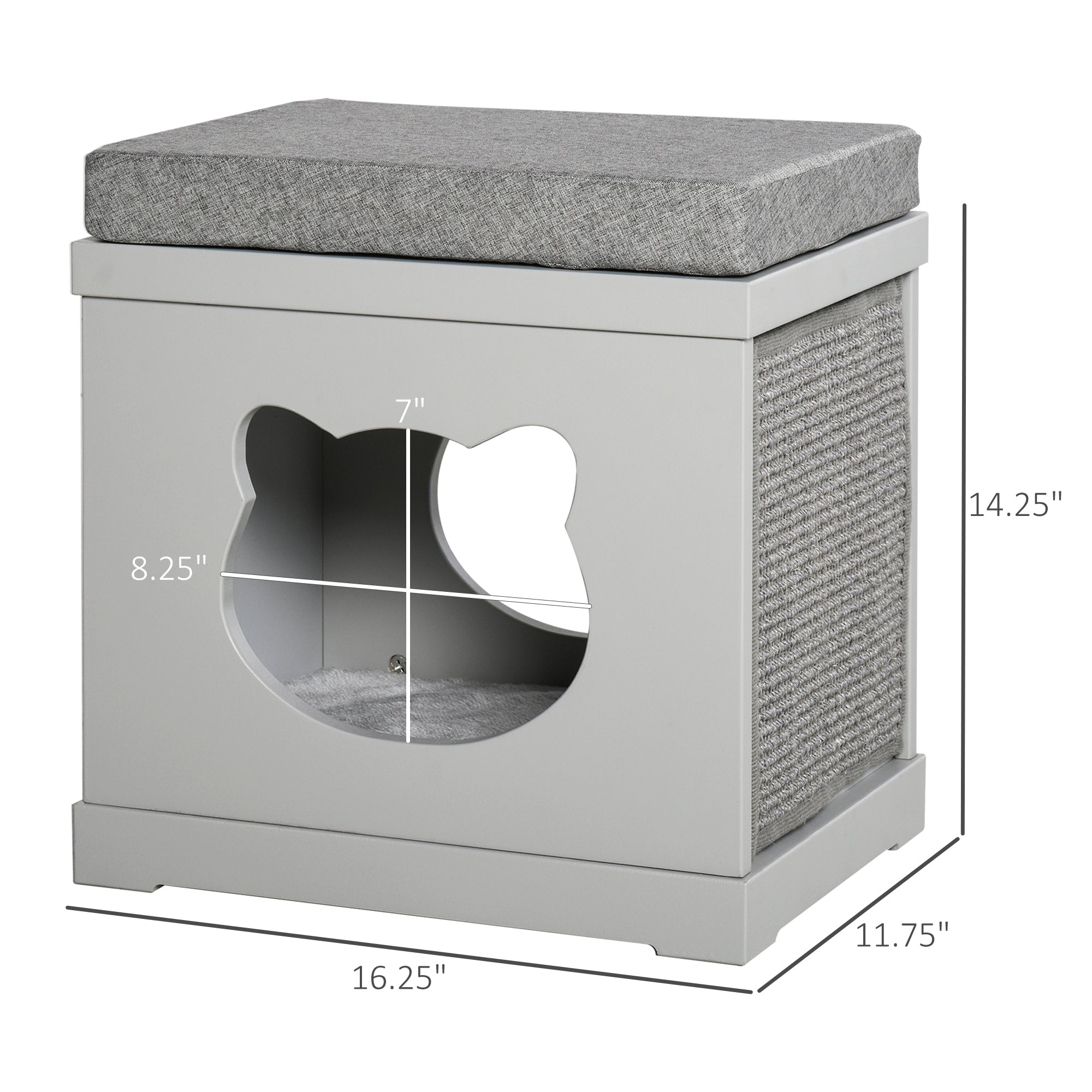 PawHut Wooden Cat Bed Cube House with Soft Padded Cushions, 2 Exterior Scratching Boards, & Interior Space, Grey