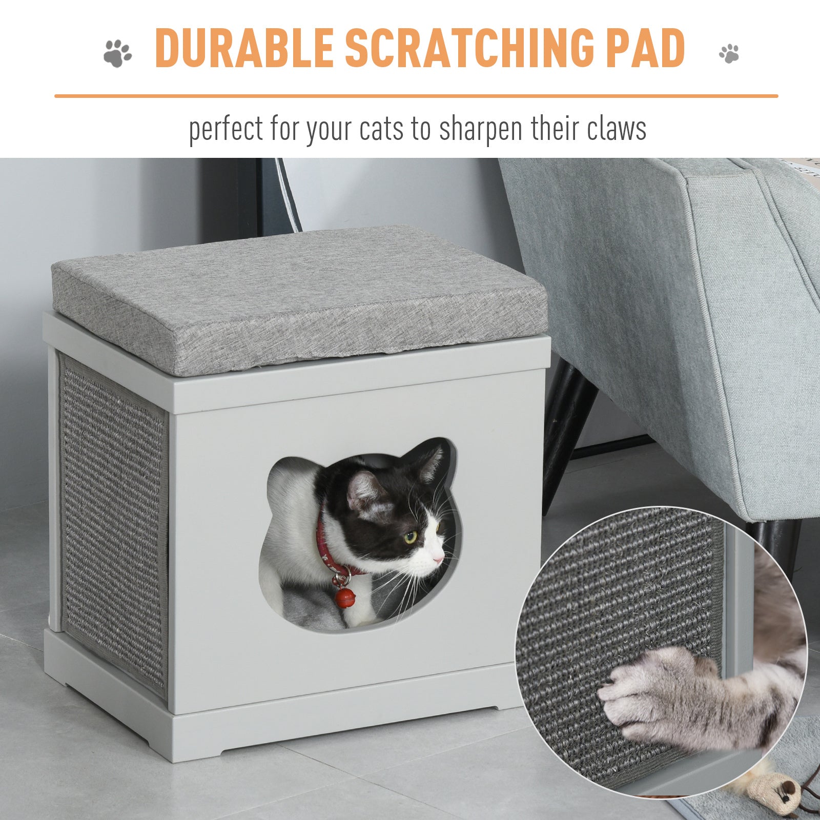 PawHut Wooden Cat Bed Cube House with Soft Padded Cushions, 2 Exterior Scratching Boards, & Interior Space, Grey