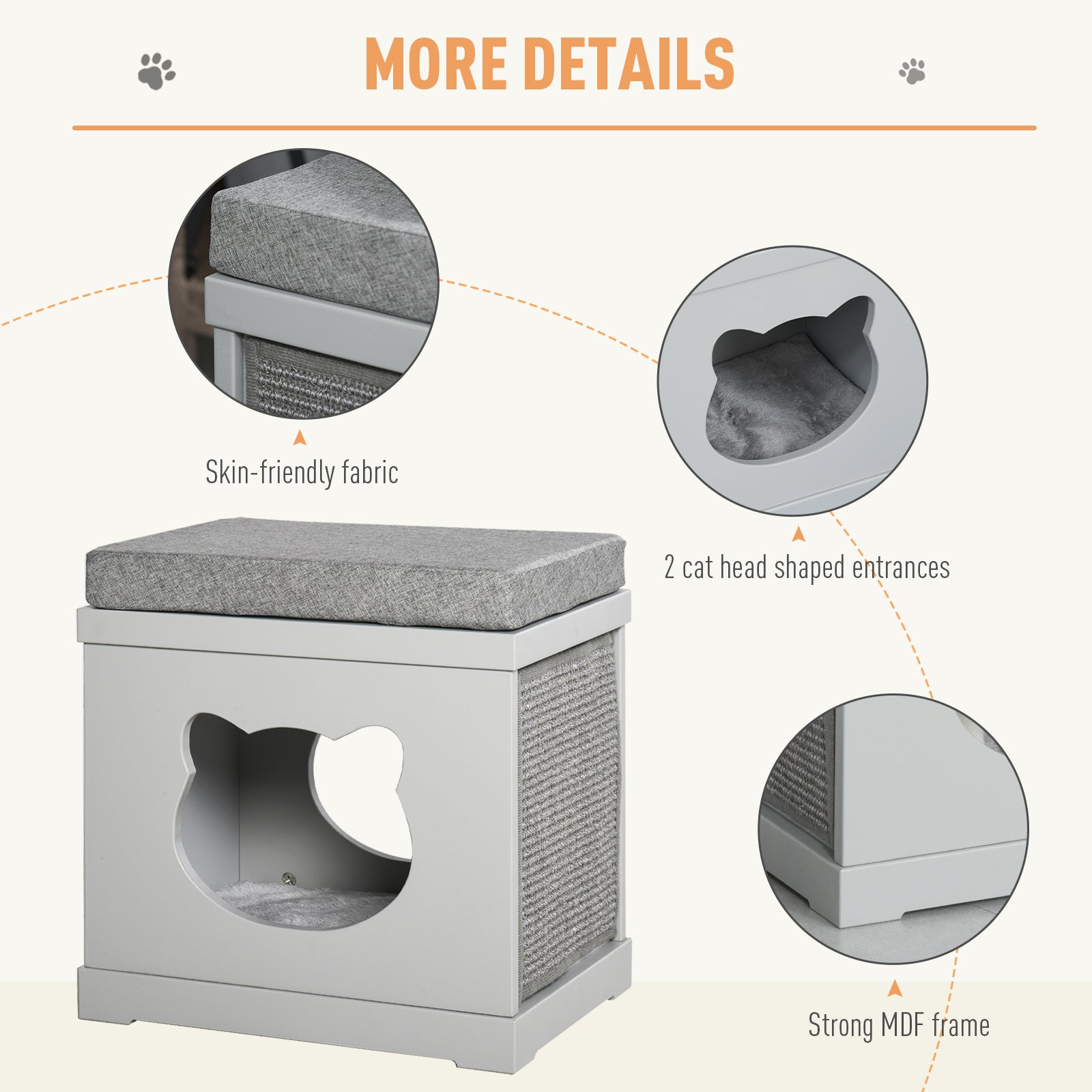 PawHut Wooden Cat Bed Cube House with Soft Padded Cushions, 2 Exterior Scratching Boards, & Interior Space, Grey