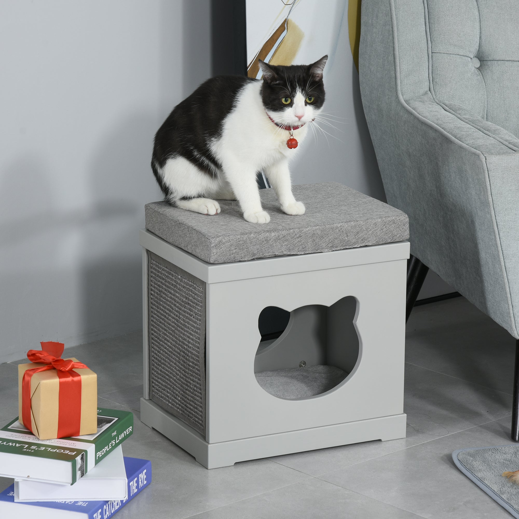PawHut Wooden Cat Bed Cube House with Soft Padded Cushions, 2 Exterior Scratching Boards, & Interior Space, Grey