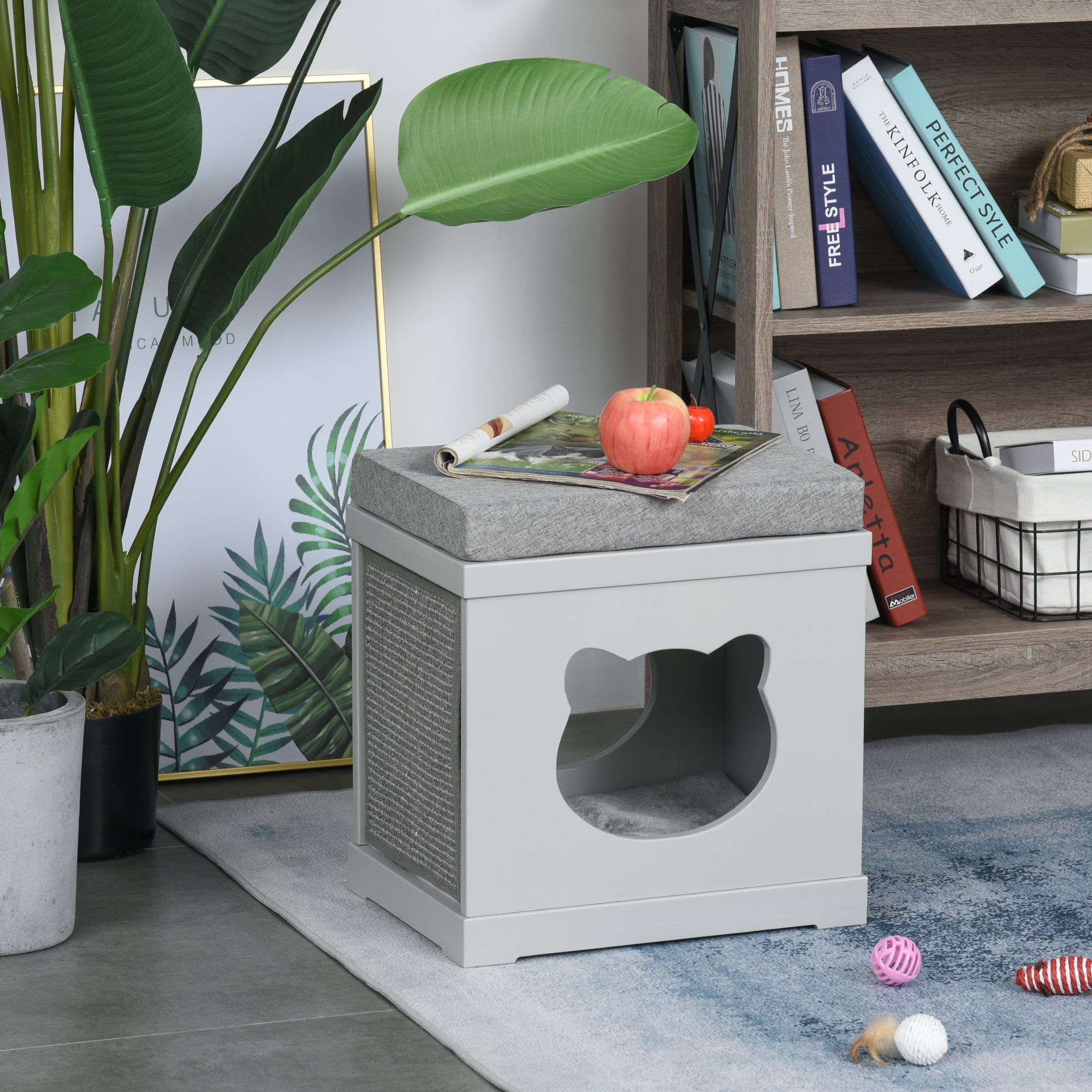 PawHut Wooden Cat Bed Cube House with Soft Padded Cushions, 2 Exterior Scratching Boards, & Interior Space, Grey