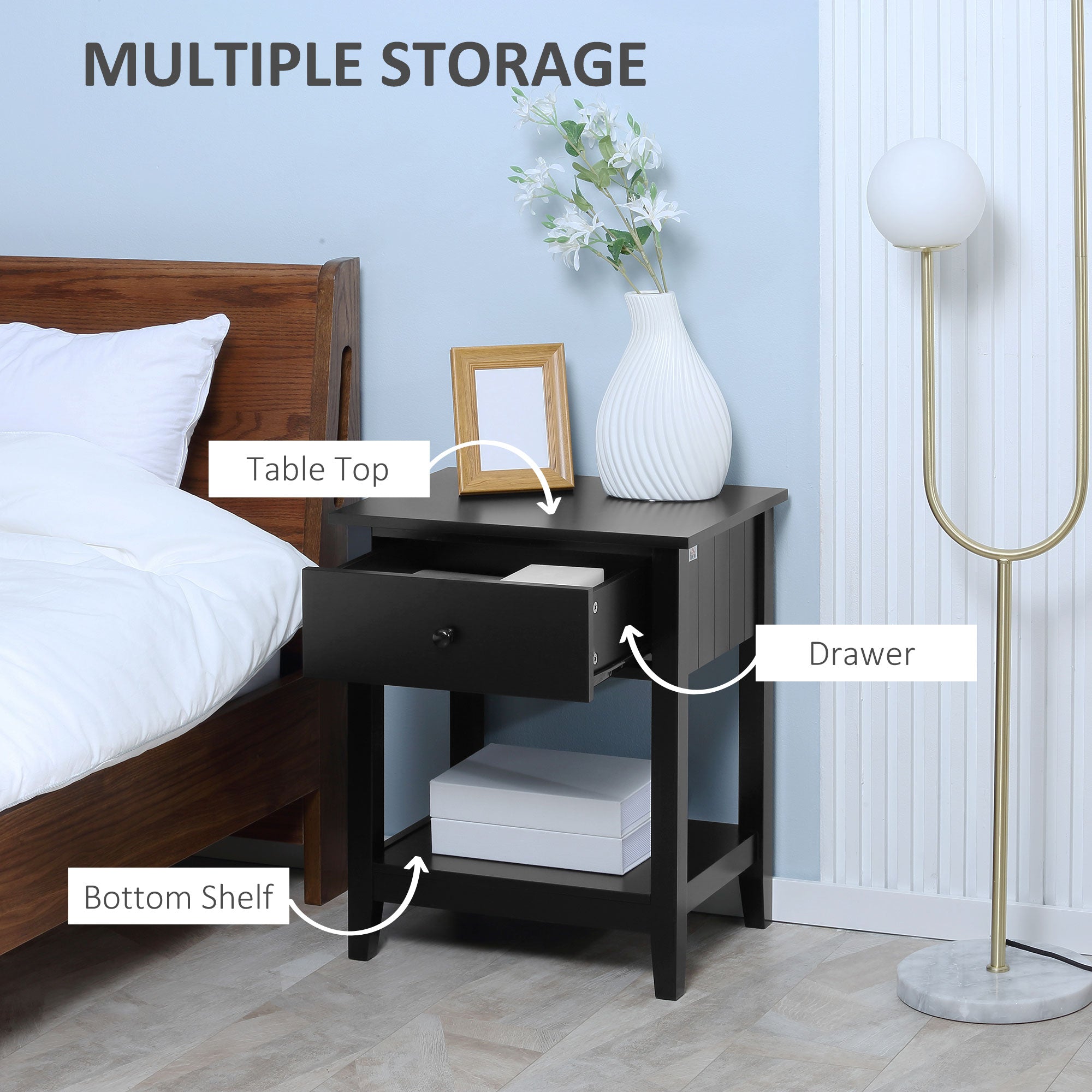 HOMCOM Modern Style Nightstand, Side Table with Drawer and Storage Shelf for Bedroom, 19.7