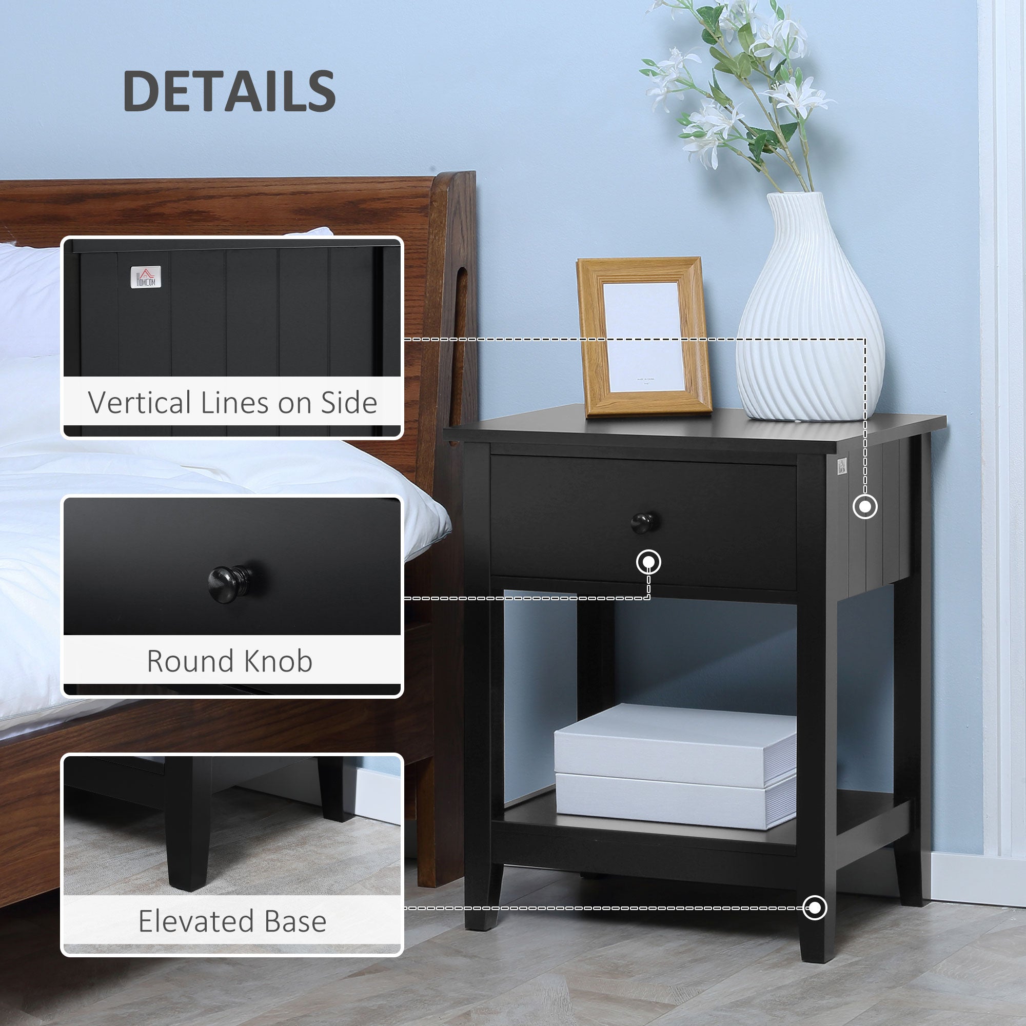 HOMCOM Modern Style Nightstand, Side Table with Drawer and Storage Shelf for Bedroom, 19.7" x 13.8" x 23.6", Black